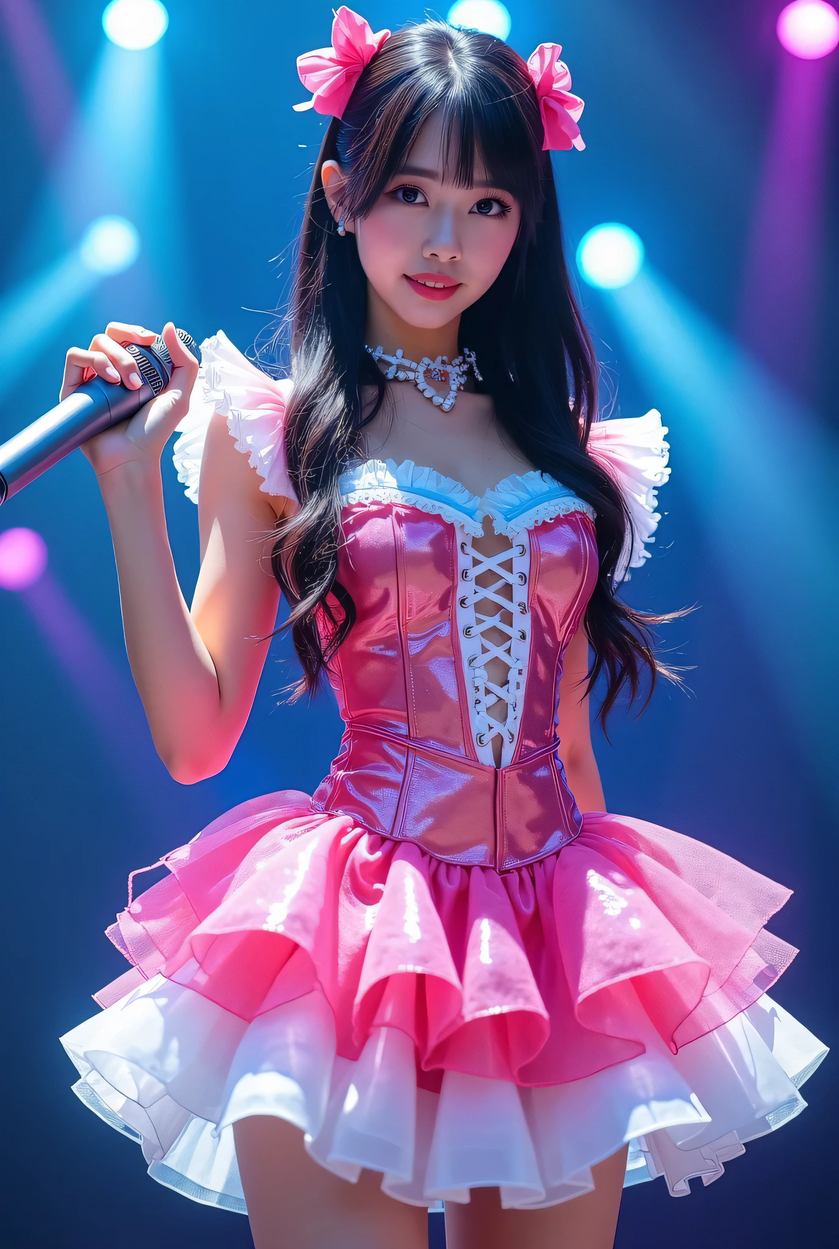 Create a highly detailed, realistic image of a young woman with long, dark hair styled with two small pink bows on either side. She is wearing a vibrant and transparent shinning glossy pink short dress that has a layered, frilly design with white ruffled edges on the sleeves and neckline. The dress has intricate lace-up details on the front, with white ribbons crisscrossing over the bodice. A large, white bow is tied around her waist, and the skirt is layered with multiple ruffles, alternating between white and pink frills. The upper part of the dress has a mix of white and blue accents, especially around the shoulders, giving it a lively, idol-like appearance. The girl’s expression is cheerful and playful, with a radiant smile, captured both in performance and posing with a slightly pensive look. Ensure that her outfit appears shiny and glossy, reflecting stage lights, and incorporate a vivid, performance-like atmosphere in the background. Some Lights shooting around, she hold microphone, head thighs portrait,
