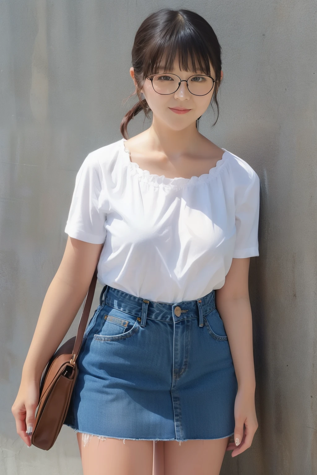 full body shot、30-year-old Japanese woman、glasses、low ponytail、bungs、denim skirt、WhiteT shirt、small breasts、 (( No Background ))