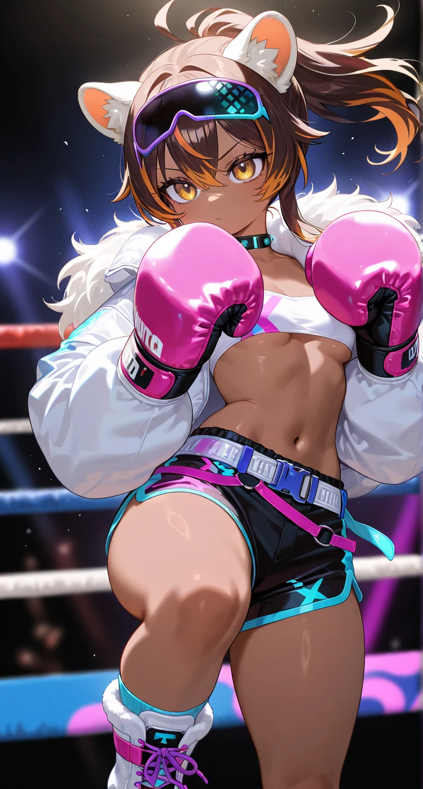 2D anime picture, (anime style 1), single female arrogant boxer, 20 years old, sadistic, Japanese, pretty haircut, в сексуальном боксёрском наряде with high neck crop top, in short sport pants, in MMA gloves stands near the boxing ring, in empty gym, night