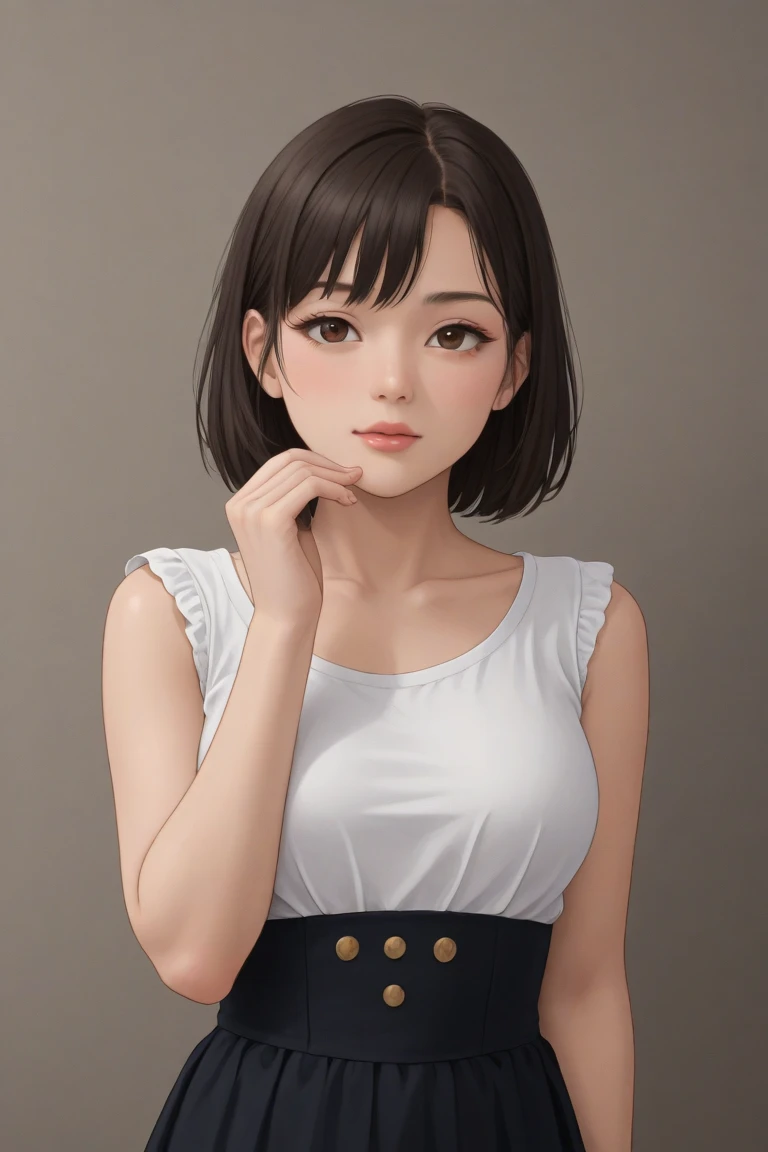 (score_8, score_8_up,score_7_up,masterpiece,highest quality,Perfect Anatomy,Exquisite detailed:1.1)(raw photo,photo realistic:1.3)1 female,Japanese,small eyes,black eyes,black hair,bob cut,red lips
