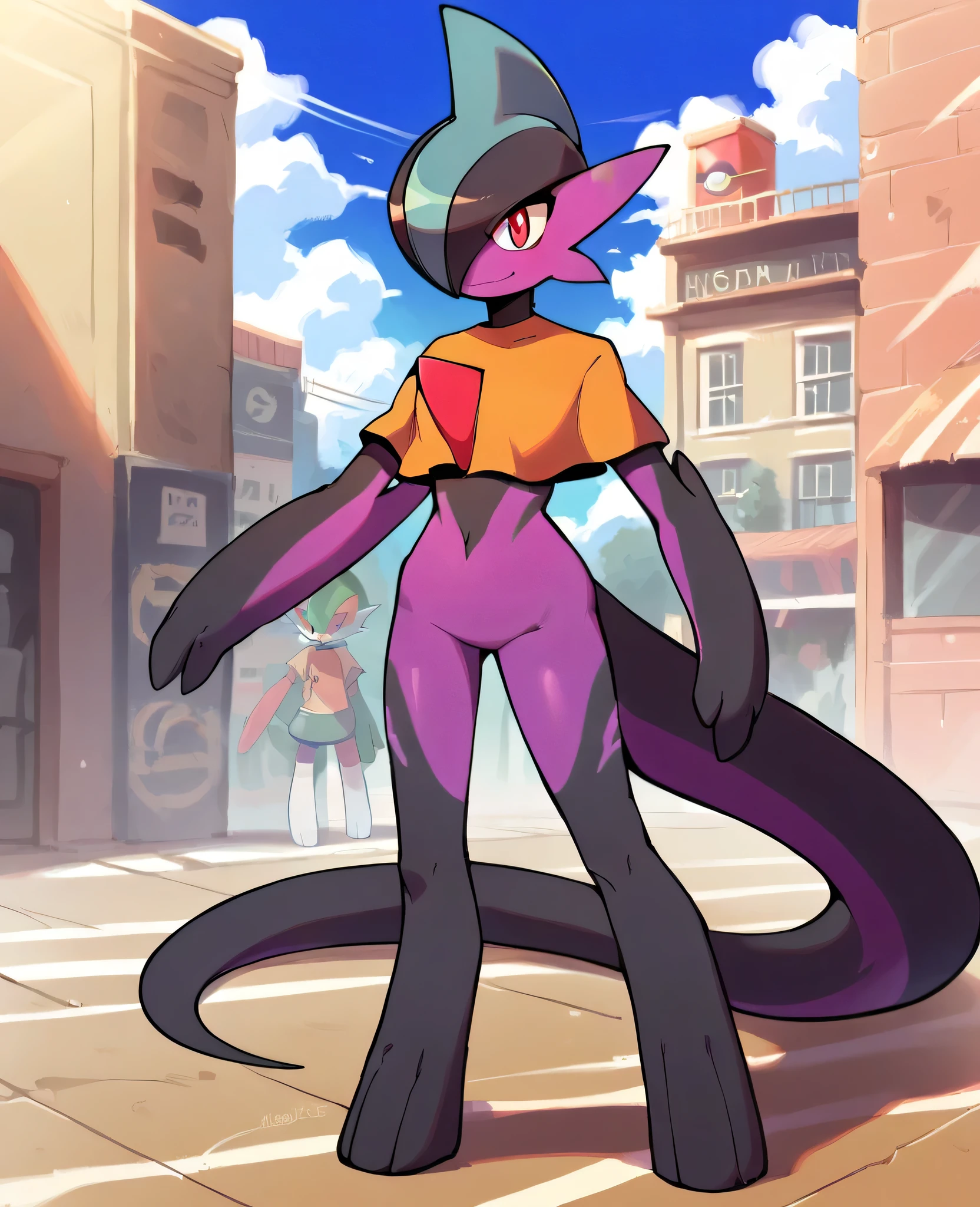 Best quality, rental, highly detailed, score_7_up, score_8_up, score_9_up, gallade, a girl, female, solitary, wild, black eyes, dark blue pupil, black hair, black body, purple body, Pokémon (creature), golden unicorn horns, anthropomorphic, dinosaur tail, standing, orange capelet, city background, full body, smile