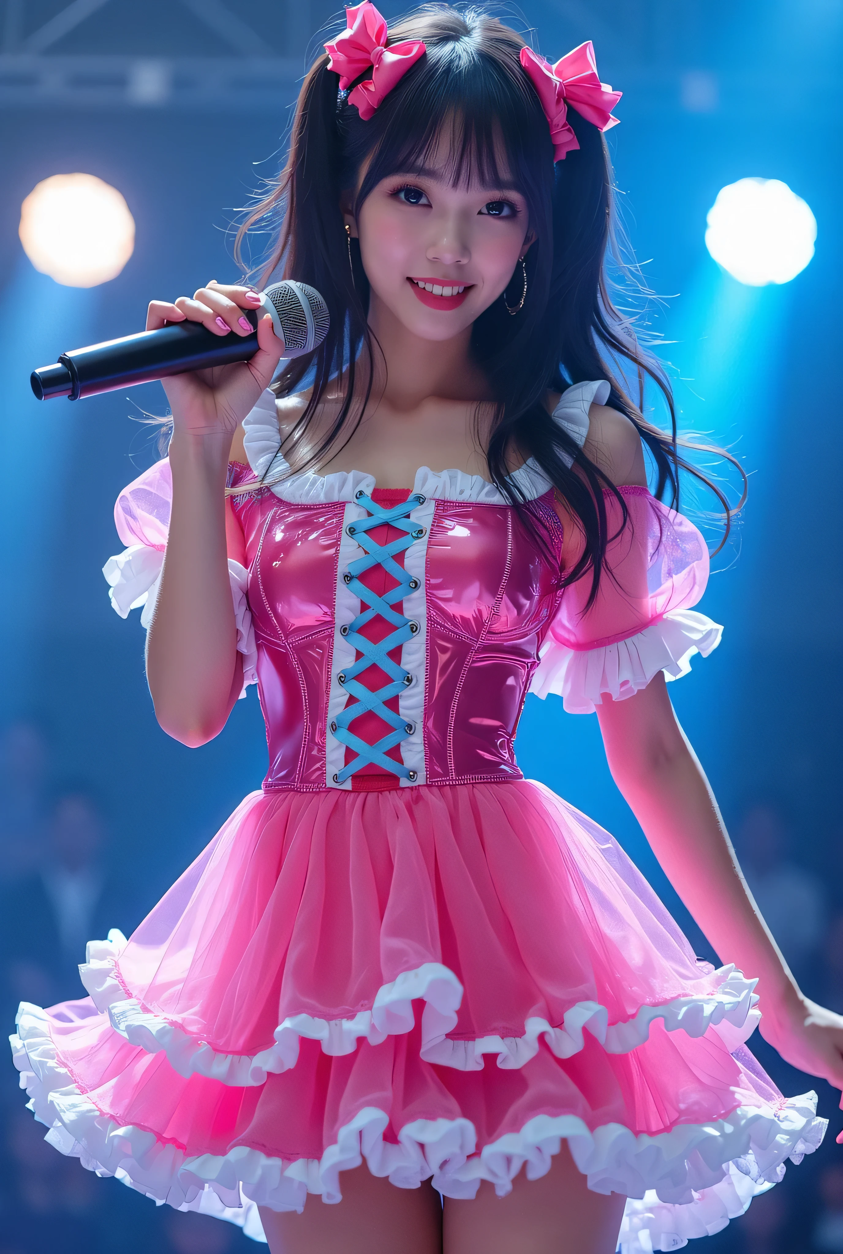 Create a highly detailed, realistic image of a young woman with long, dark hair styled with two small pink bows on either side. She is wearing a vibrant and transparent shinning glossy pink short dress that has a layered, frilly design with white ruffled edges on the sleeves and neckline. The dress has intricate lace-up details on the front, with white ribbons crisscrossing over the bodice. A large, white bow is tied around her waist, and the skirt is layered with multiple ruffles, alternating between white and pink frills. The upper part of the dress has a mix of white and blue accents, especially around the shoulders, giving it a lively, idol-like appearance. The girl’s expression is cheerful and playful, with a radiant smile, captured both in performance and posing with a slightly pensive look. Ensure that her outfit appears shiny and glossy, reflecting stage lights, and incorporate a vivid, performance-like atmosphere in the background. Some Lights shooting around, she hold microphone, head thighs portrait,