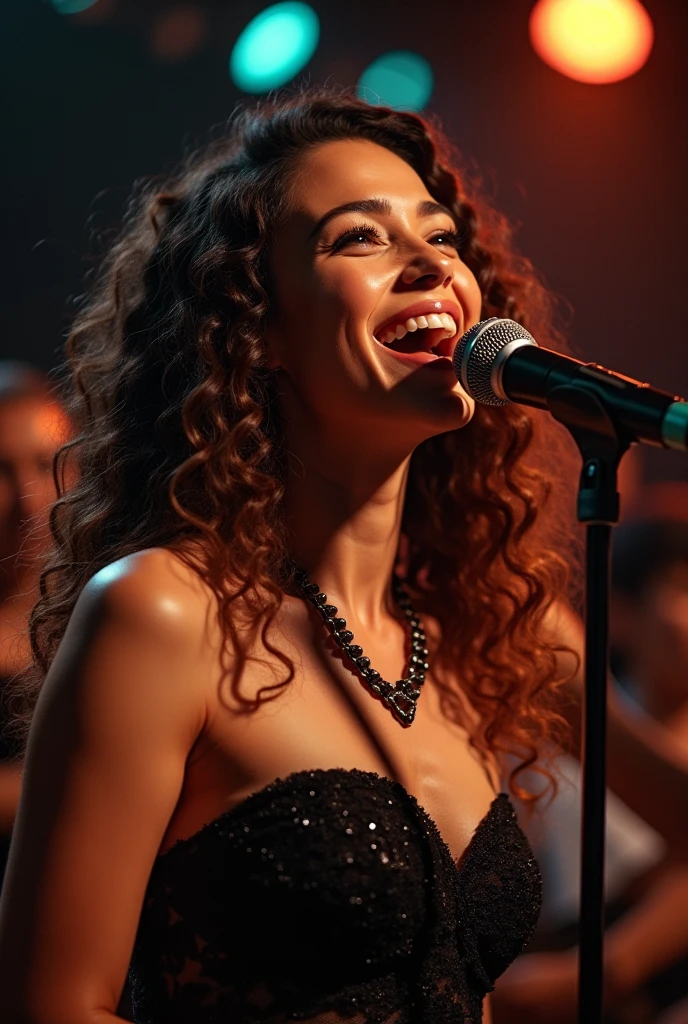 completely naked Lebanese actress singing,peerless beauty,stage at Fuji Rock Festival,sunny day,shiny skin,realistic nipples,gigantic breasts