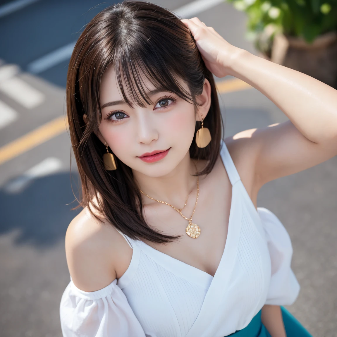 Ultra-Realistic capture, Very detailed, full_body, Skin Textureは自然でなければならない, So detailed that even pores can be distinguished. Skin looks healthier, In a unified tone. Use natural light and colour, (8k, RAW Photos, Highest quality, masterpiece: 1.2), (Realistic, photoRealistic: 1.37), 3D, Super detailed, Ultra-high resolution, Beautifully detailed face, Very beautiful fine grain, One Girl, Viewer, narrow, Narrow waist, Beautifully detailed skin, Skin Texture, Floating Hair, Professional Lighting, (Beautiful and cute Japanese girls:1.2), Bobcut, Beautiful Hair, 16 years old, Narrow waist, Cleavage, View the viewer, full body, On the sidewalks of the city, (smile:1.1), bracelet, Earrings, necklace
