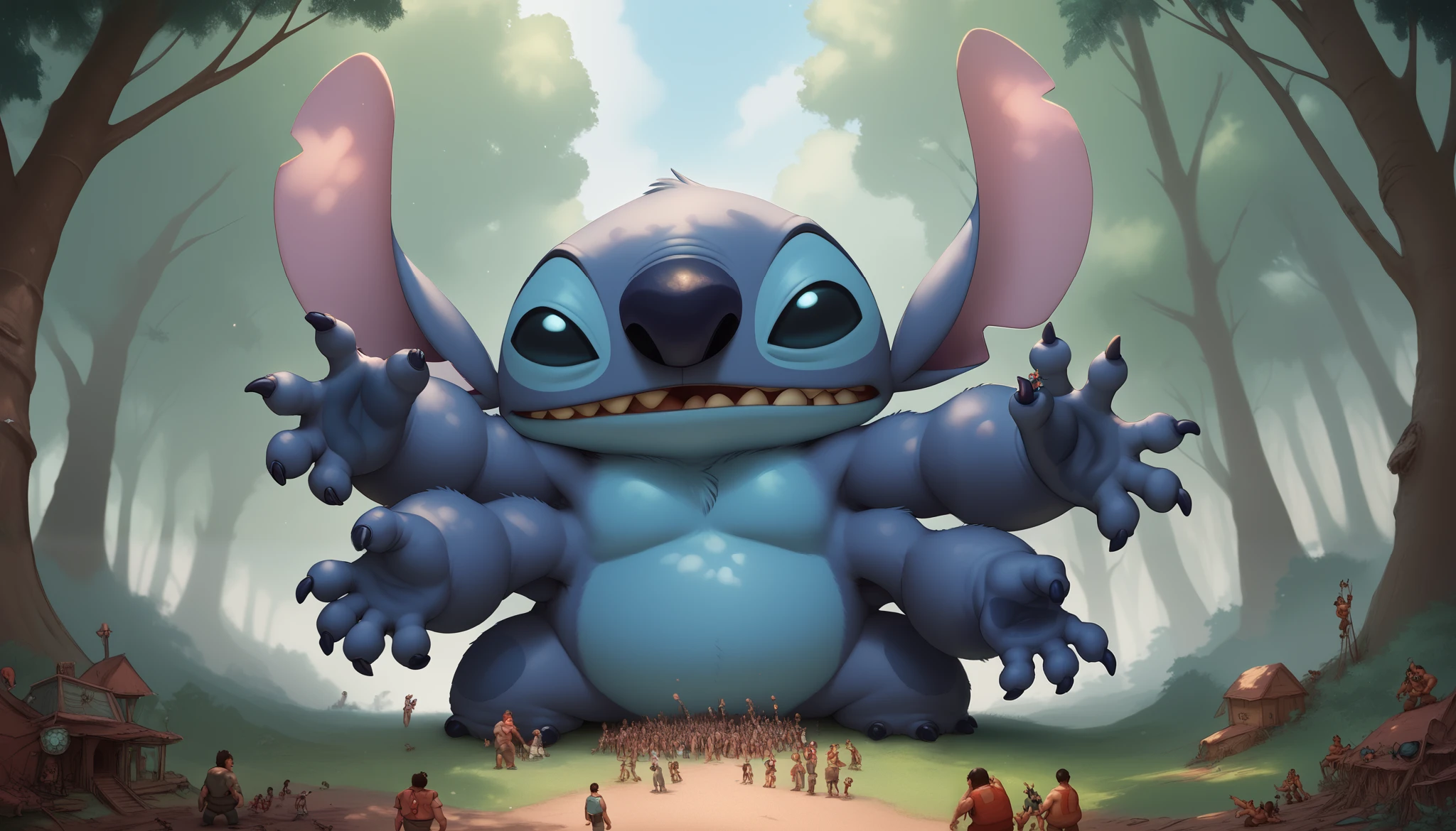 Stitch, multiple arms, big armas, 4 arms, grabing people with hands, Macro, on a forest