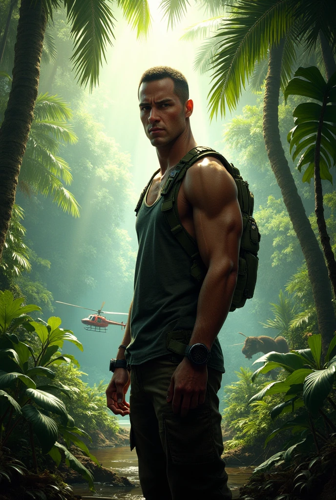arafed man with tattoos and a chain around his neck standing in front of a jungle, technoviking male with no shirt, ernest khalimov body, concept art like ernest khalimov, kane from command & conquer, arnold maya render, bodybuilder ernest khalimov, adventure hyper realistic render, inspired by Andor Basch, in a jungle, fantasy character octane render