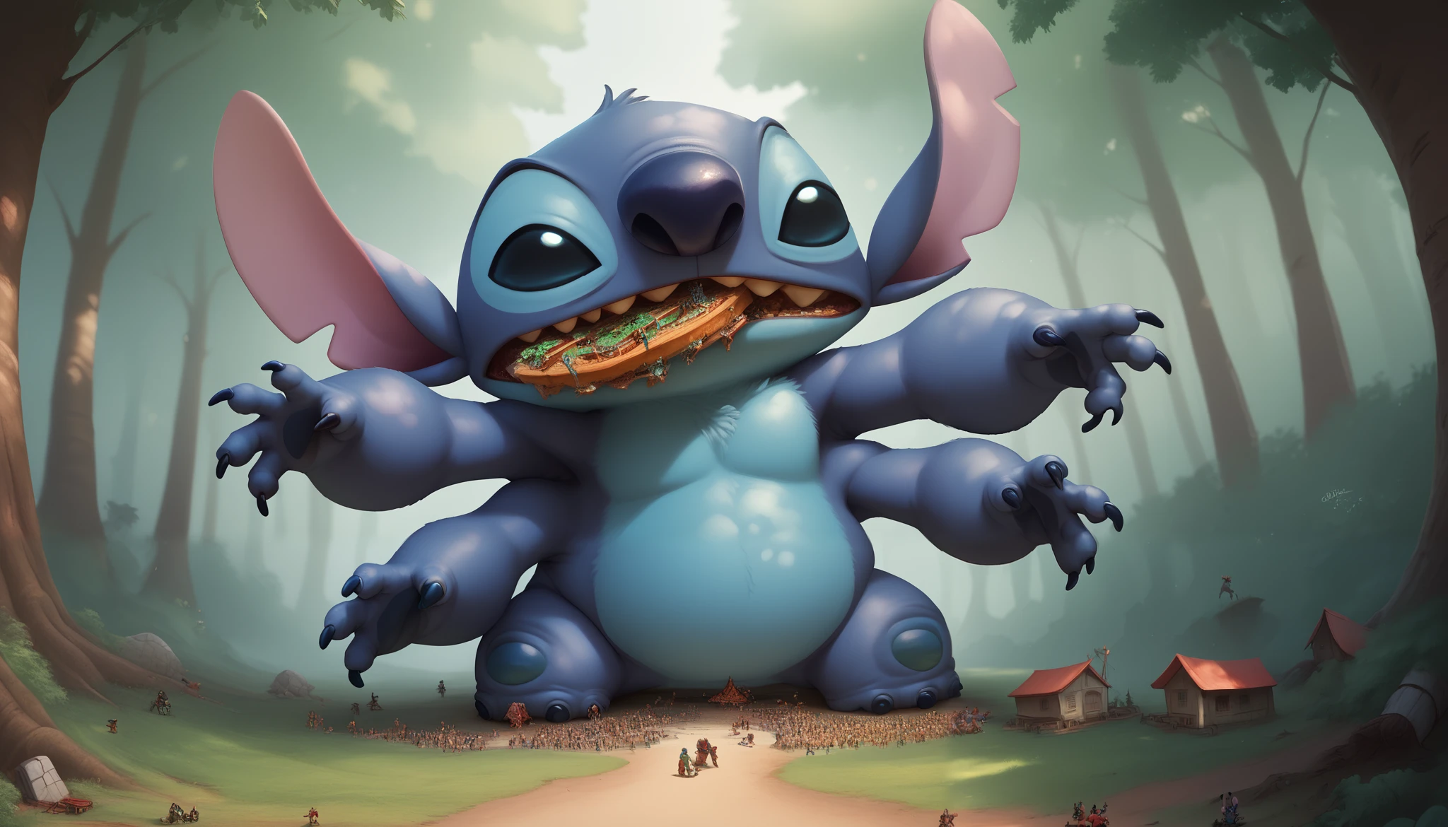 Stitch, multiple arms, big armas, 4 arms, eating animals, Macro, on a forest