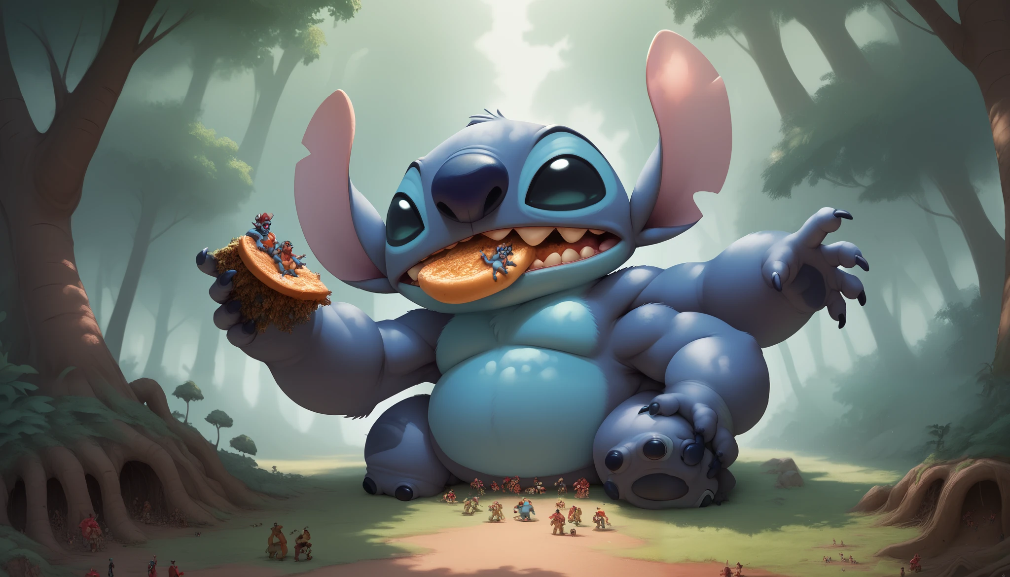 Stitch, multiple arms, big armas, 4 arms, eating animals, Macro, on a forest
