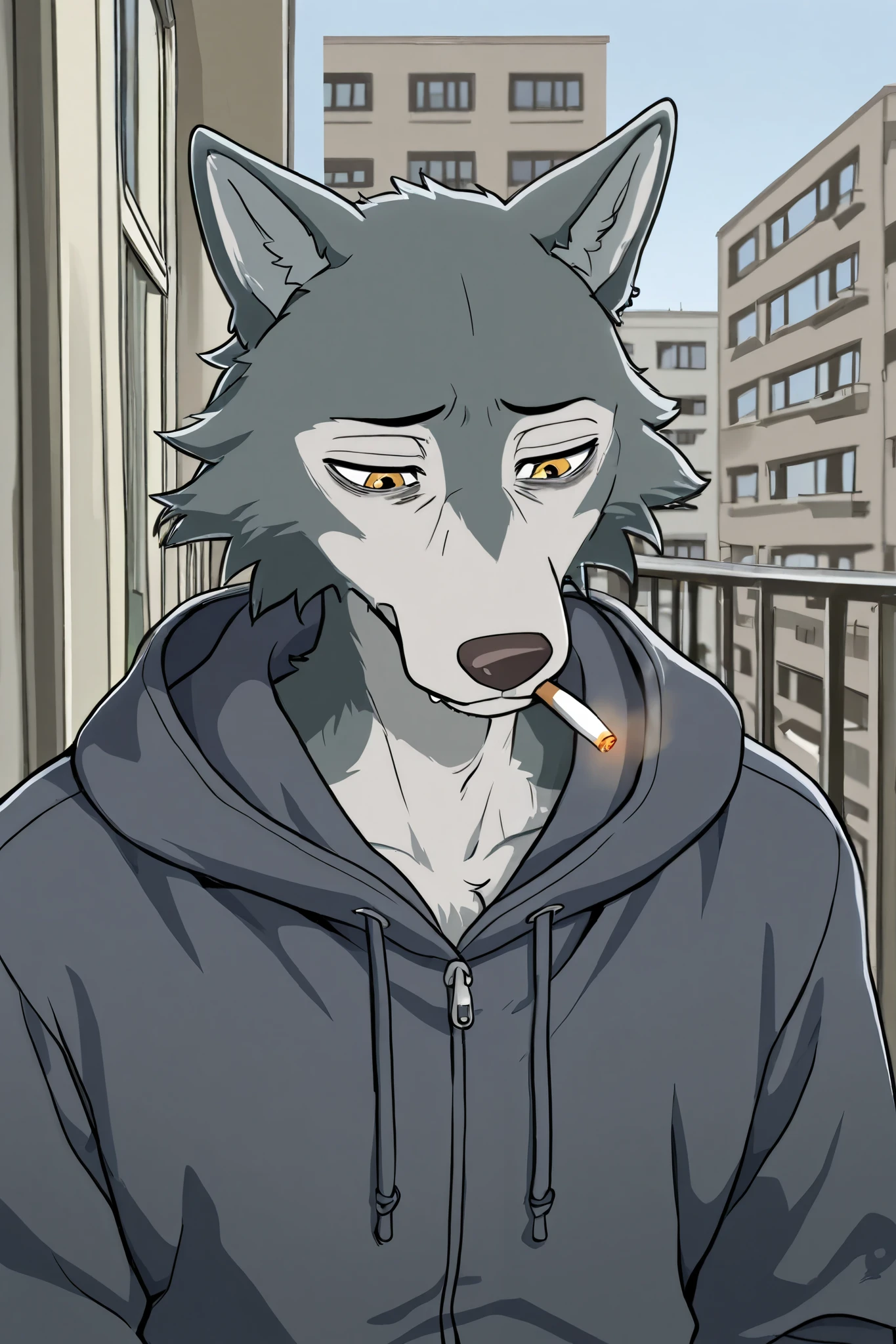 view of an apartment building, windows, Anthropomorphic boy wolf, hooded jacket, cigarette in mouth, sad facial expression