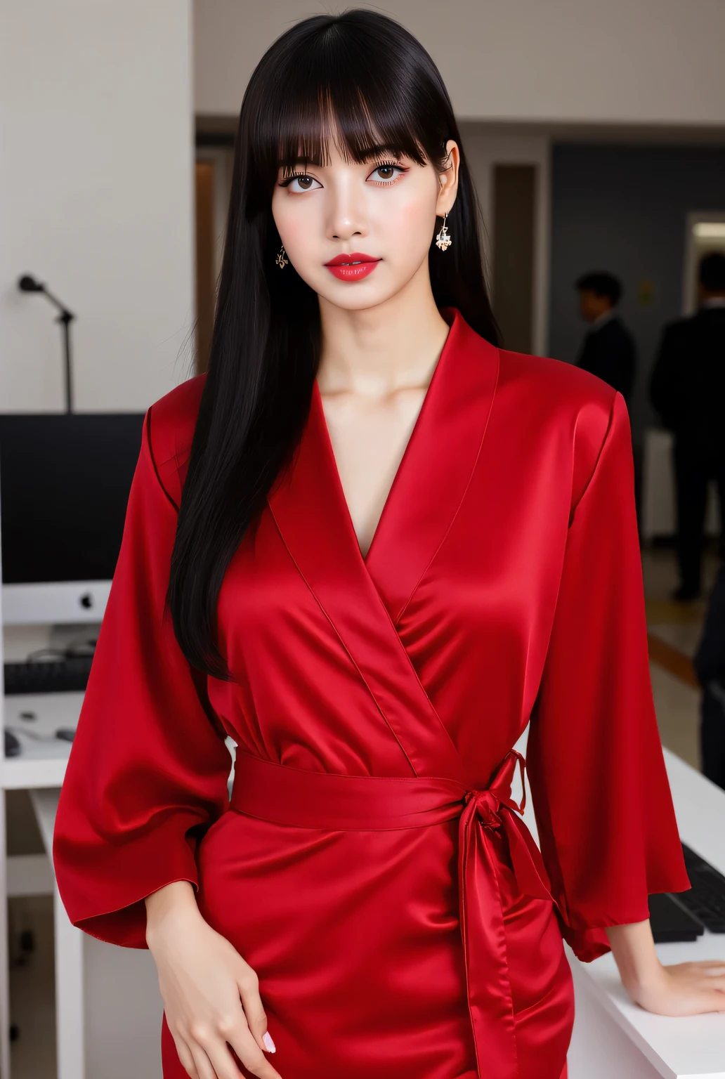 A beautiful woman, in the office,, front facing, using a long kimono of red satin material, Big Boobs, red lips, black hair