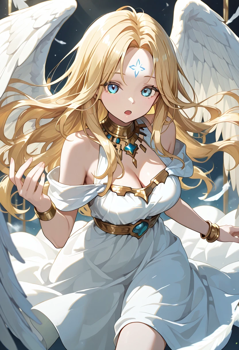 (Huang Li、high quality、Extremely detailed),Constellation - Goddess Capricorn,Giant goat,The goddess caresses the goat,Similar to Latin goodness,brave,capricious,Productivity,The face of enterprising and humanitarianism,Blonde Hair,Ancient Greek costumes、Wrap Dress,background is heavenly,Light crystal blue eyes(Eyes Details),Powerful appearance