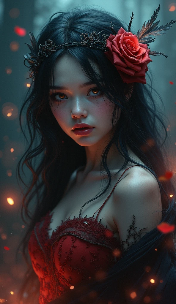 "A beautiful and cute woman with purple eyes, black hair, a rose, magical powers, and charm."