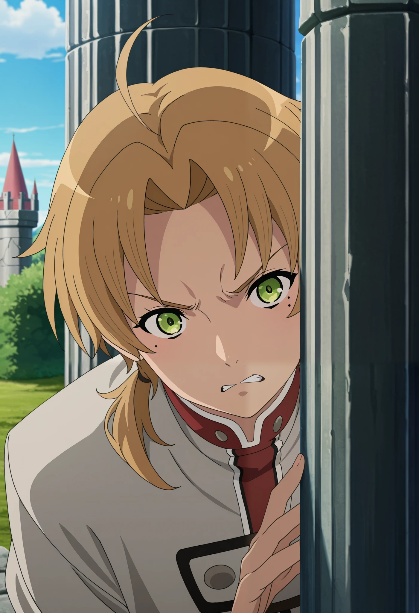 masterpiece, best quality, , anime screencap, anime coloring, official style, , 1boy, solo, male focus, rudeus_greyrat, blonde hair, green eyes, short hair, bangs, parted bangs, ahoge, mole under eye, low ponytail, angry, (((hiding behind a stone pillar))), outside, castle, university