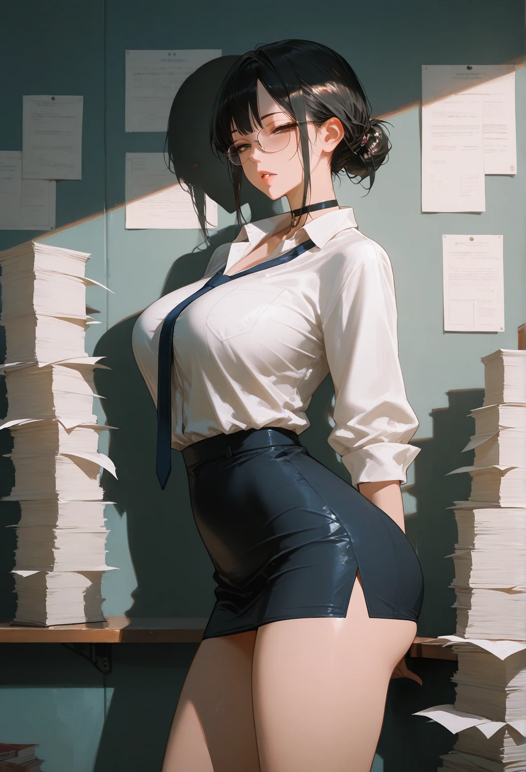 (masterpiece, best quality), 1girl, <lora:kojimakana-nvwls-v1:1> kojima kana, folded ponytail , white collared shirt, pencil skirt, black thighhighs, cleavage