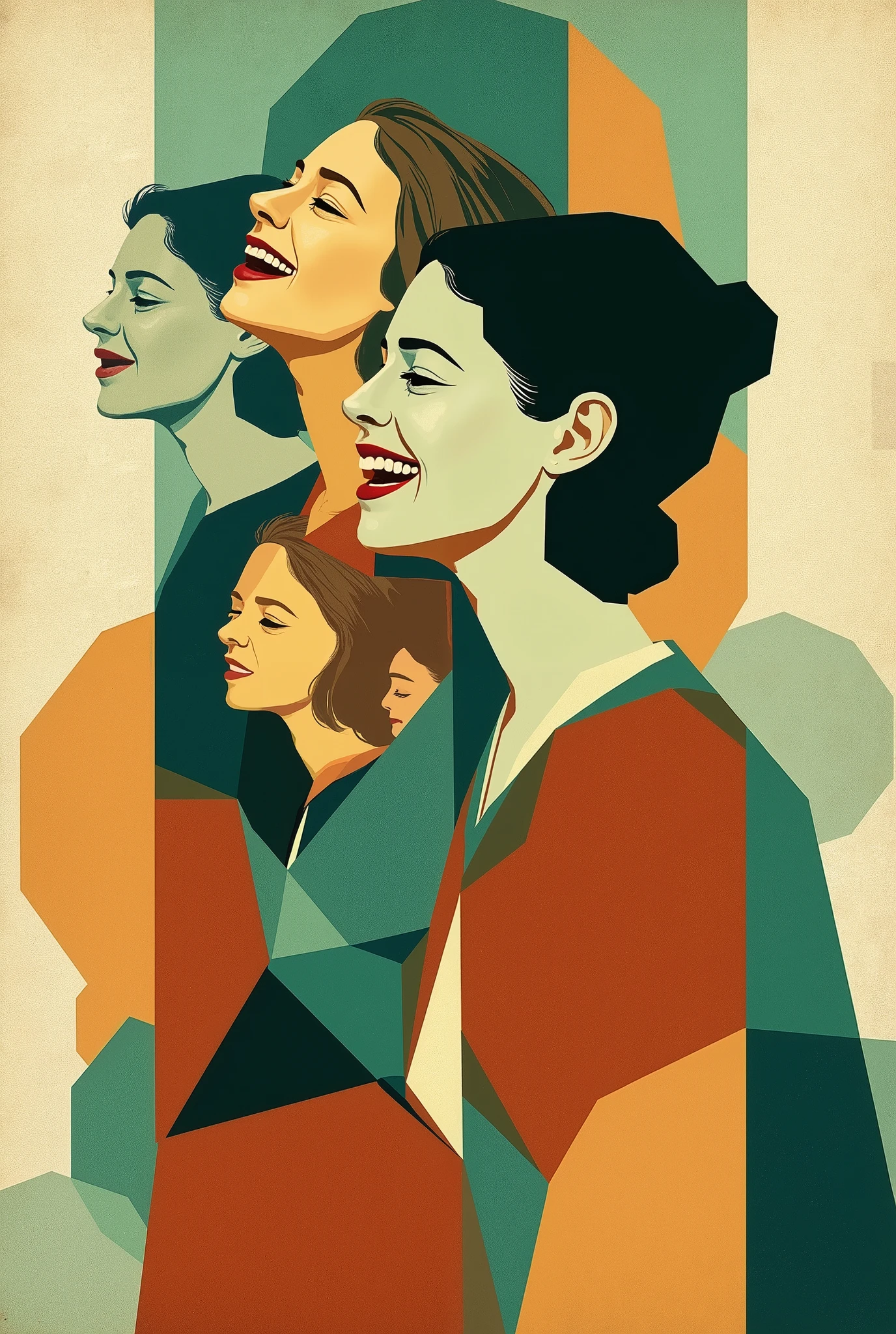"Laughting woman in constructivist style, geometric abstraction, sequence of women with heads raised, aqua green and rust color palette, black details, paper texture background, soft pastel hues, minimalist, digital painting, serene composition"