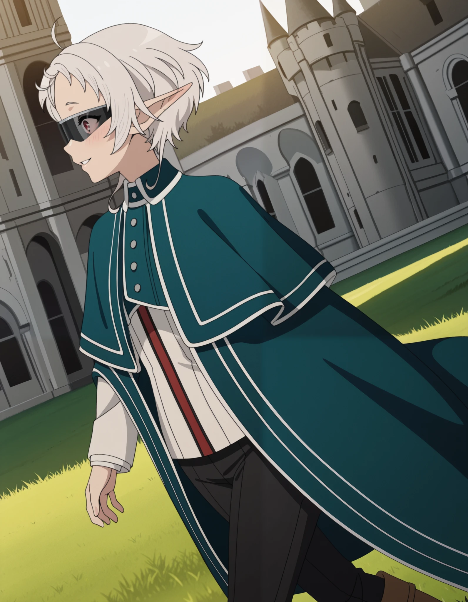 masterpiece, best quality, amazing quality,, sylphiette, short hair, ahoge, white hair, pointy ears, elf, red eyes, mature female, anime screencap, long sleeves, boots, pants, uniform, shirt, white shirt, outside, castle, university, sunshine, smile, smile, blush, parted lips, solo,, cowboy shot, solo, ((walking)), sunglasses, pants, capelet, black pants, cape,
long sleeves, boots, pants, uniform, shirt, white shirt, (((dutch angle))), profile, side, grass, alone, (portrait)