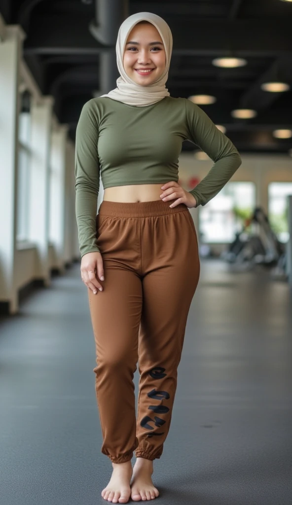 full entire body, Meisterwerk, best quality, realistisch, photo-realistisch, 1girls, big boobs, wearing top and loose jogging pants, Blick auf den Betrachter, black long hair with streaks, green eyes, von hinten