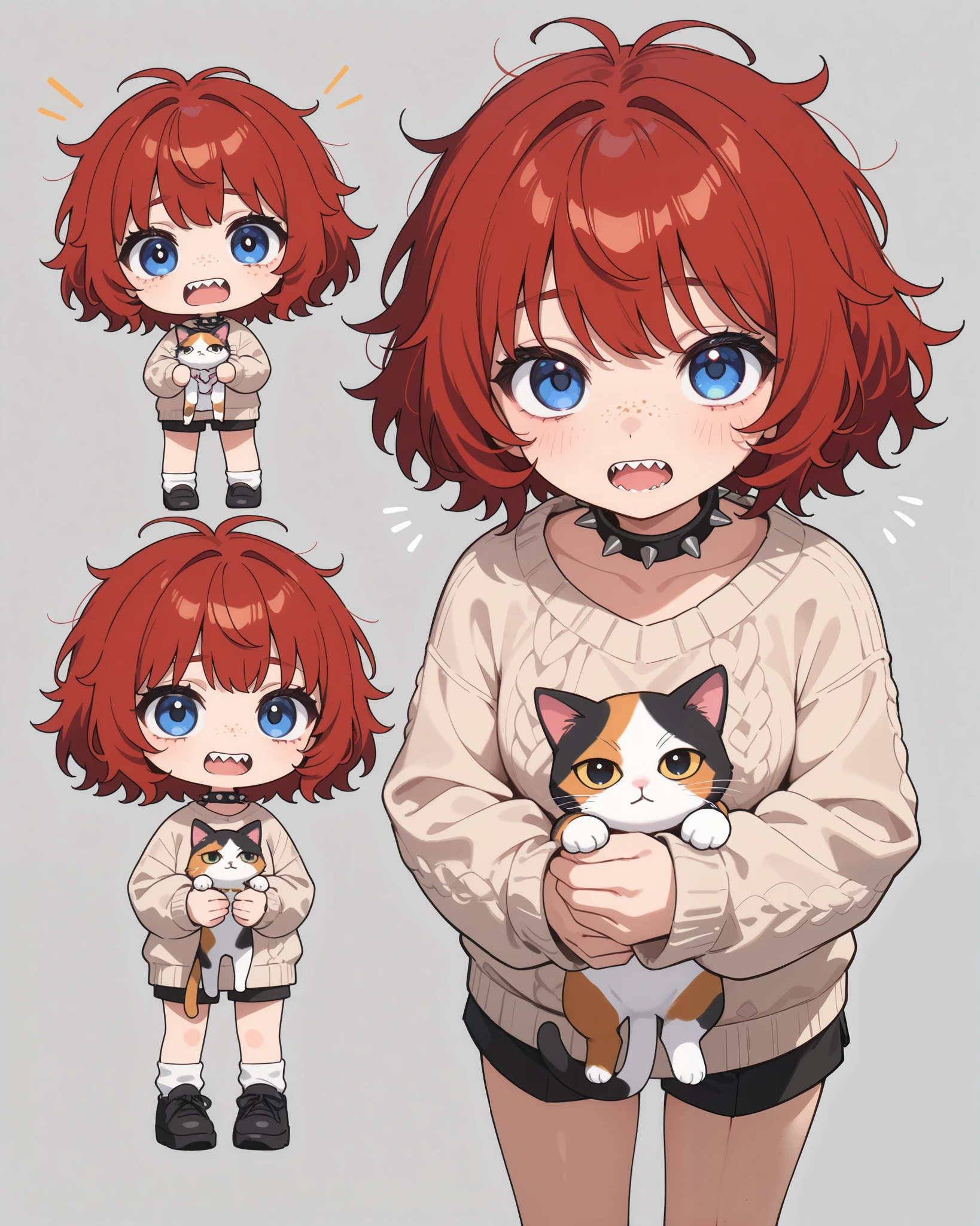 1girl, (chibi:1.5), cute,kawaii, blue eye, big eye,beautiful, tired eye, downturned eyes, tan skin, freckles,messy hair, red hair, (short hair), (puffy sweater, shorts), spiked choker,breast, ecstatic expression, sharp teeth, open mouth\), simple background\ ((standing))\), ((holding cat))\),close-up girl,dynamic angle,3d,looking at viewer ,masterpiece,best quality,newest