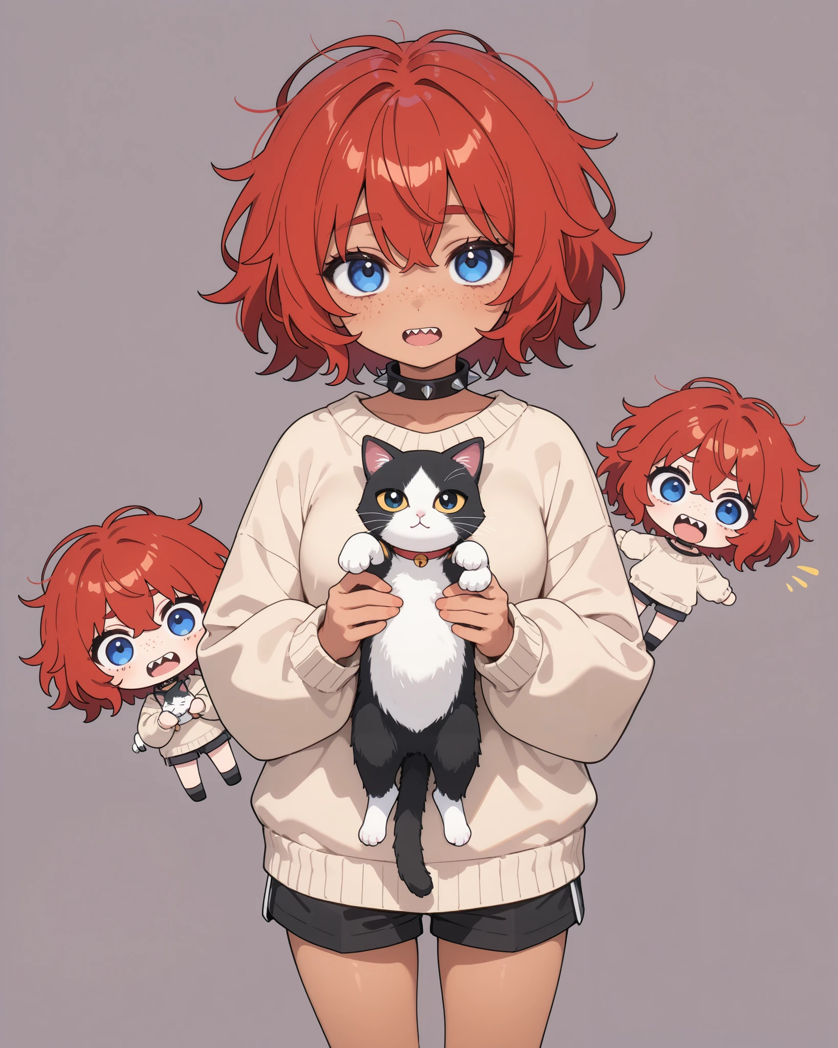 1girl, (chibi:1.5), cute,kawaii, blue eye, big eye,beautiful, tired eye, downturned eyes, tan skin, freckles,messy hair, red hair, (short hair), (puffy sweater, shorts), spiked choker,breast, ecstatic expression, sharp teeth, open mouth\), simple background\ ((standing))\), ((holding cat))\),close-up girl,dynamic angle,3d,looking at viewer ,masterpiece,best quality,newest