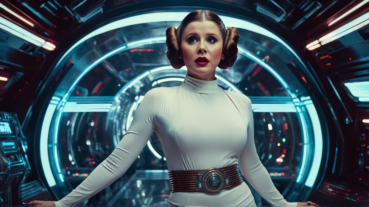 A high-impact YouTube thumbnail featuring a busty Princess Leia in a bold, cinematic composition. She stands center stage, illuminated by dramatic lighting, wearing a stylish, vintage-inspired sci-fi low-cut outfit with intricate futuristic detailing. Her expression is intense and determined, capturing a moment of action and intrigue. The background features a retro-futuristic spaceship interior, replete with gleaming control panels, sleek metalwork, and deep atmospheric shadows, evoking the grandeur of 1950s space opera films. The scene is shot using a Super Panavision 70 lens, featuring rich film grain, vibrant yet balanced colors, and subtle lens flares for a cinematic, eye-catching effect. Large, bold, all-caps English text overlays the image, designed in a striking font to enhance the dramatic, adventurous tone of the thumbnail.