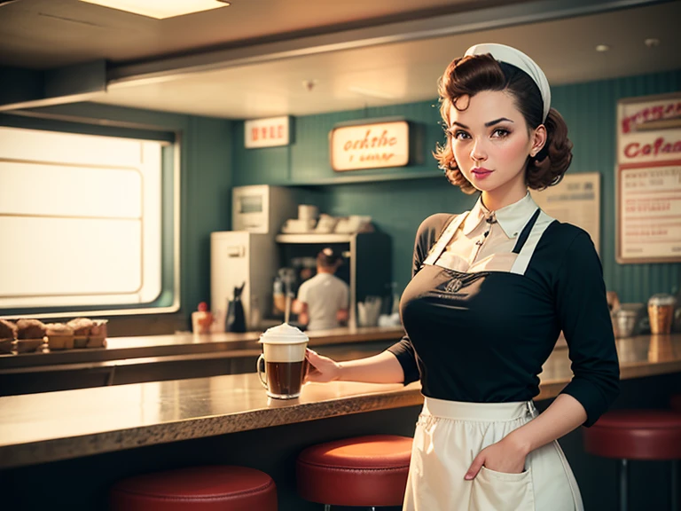 1Girl in a 50s style dress, complete with circle skirt and petticoat, her hair is styled in classic curlers. She should sit in an old-fashioned diner, surrounded by vintage details like a jukebox, Chrome accents, and neon signs. Your eyes should sparkle with excitement, Your skin flawless and radiant under the soft, dramatic lighing. Diese Szene sollte auf 35mm-film festgehalten werden, with a nice depth of field and a slightly blurred, nostalgic background,, film,