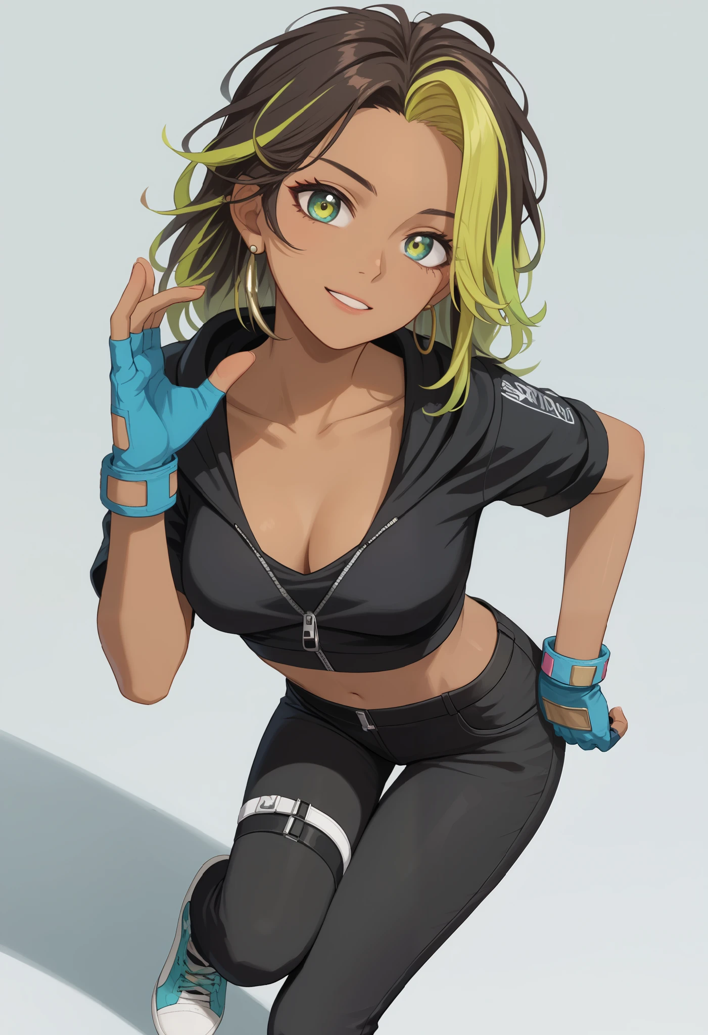masterpiece, best quality, 1girl, solo, eighteen year old,mature body, white skin, multicolored hair,multicolored eyes,A woman with deep brown or ebony skin, with a smooth and radiant complexion,A woman with dark skin tone, rich in melanin, pele negra, mulher negra,Cropped hoodie with hood, turquoise color, front zipper, black details... Fitted black top underneath... Black fitted pants, geometric cutouts, metallic details... Straps and buckles on legs, tactical style... Fingerless turquoise glove on the left wrist... White socks visible above sneakers... Black mid-top sneakers, thick sole... Urban, modern, agile style,Relaxed stance, right leg slightly bent, weight shifted... Left arm relaxed to the side, loose hand... Right arm slightly raised, delicate fingers... Head tilted, mysterious gaze... Hood partially covering hair... Casual, stylish, confident pose...