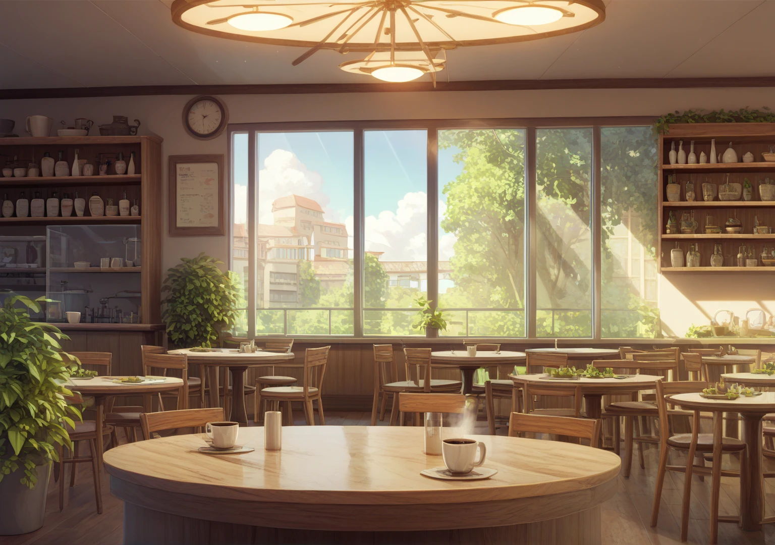 "Modern yet rustic cafe with green plants cascading from shelves and large glass windows letting in golden sunlight. There are no humans in the cafe, but a filled hot coffee mug stands on the table. The cafe counter displays a gleaming espresso machine, and the soft shadows create a calm ambiance."

