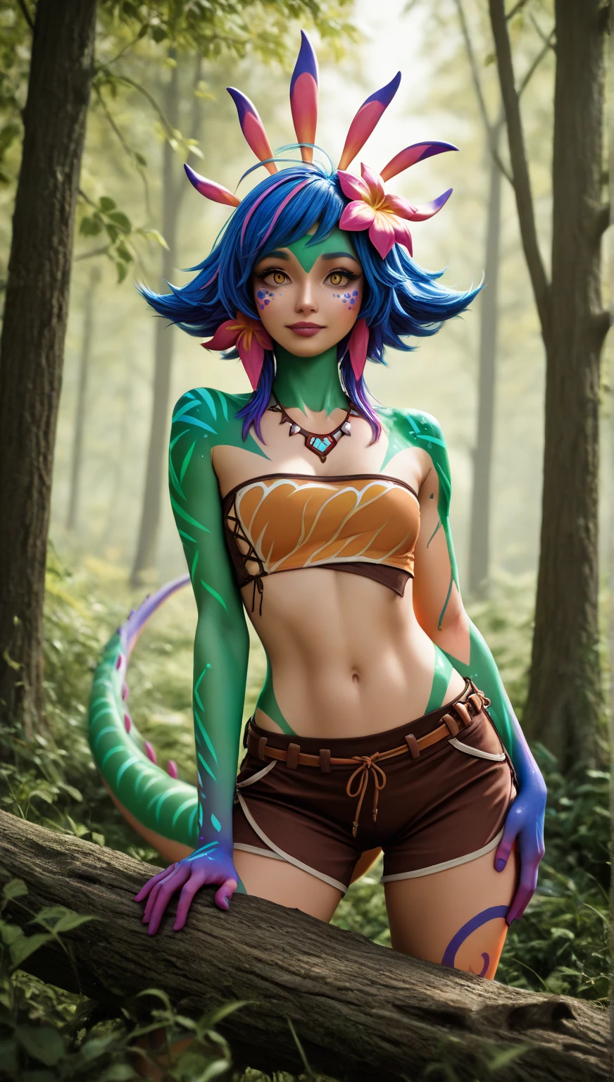 Claws,Beast tail,Navy blue hair,Green beast pupils,Tattered off-the-shoulder,leaf shorts,leopard print,tattoo thigh boots,night,Misty Forest