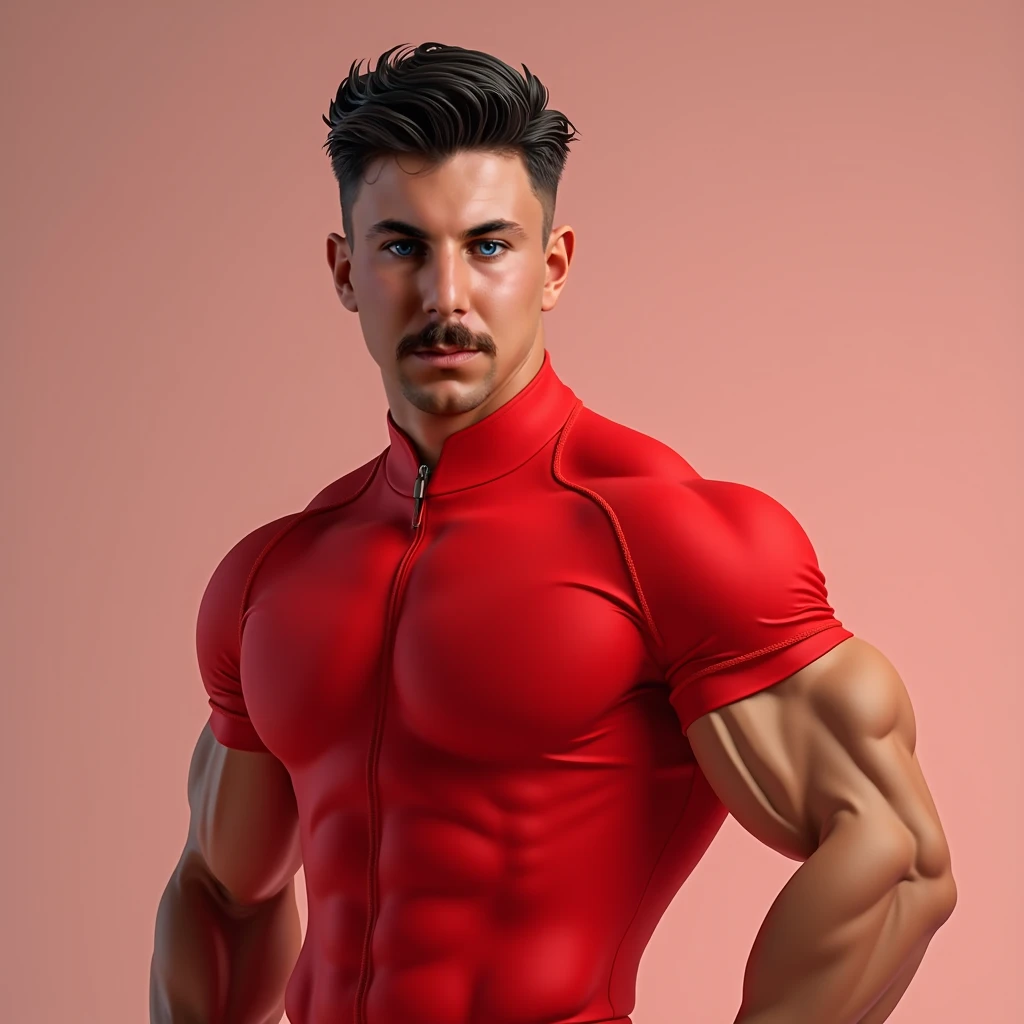Man with light blue jeans fitted to his body, with a back that has toned buttocks, that he be white-skinned, tanned, Muscular 20-year-old, straight nose, wearing a red sports shirt with gray designs and having a full arm tattoo