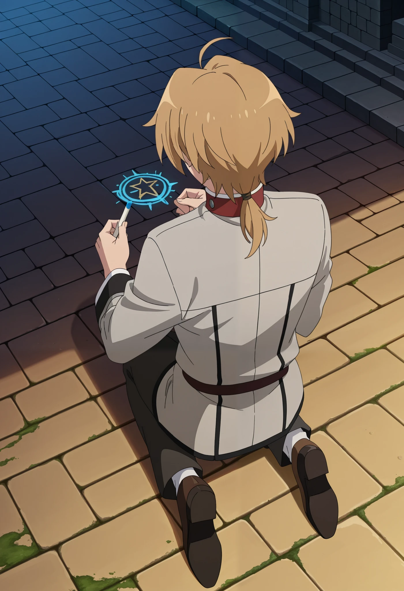 masterpiece, best quality, , anime screencap, anime coloring, official style, , 1boy, solo, male focus, rudeus_greyrat, blonde hair, short hair, bangs, parted bangs, ahoge, low ponytail, (((drawing the floor))), outside, castle, university, from above, (kneeling), star, ((chalck)), drawing with chalk, magic circle, back, ((stone brick floor)), (outdoors), moss, (((painting the floor)))
