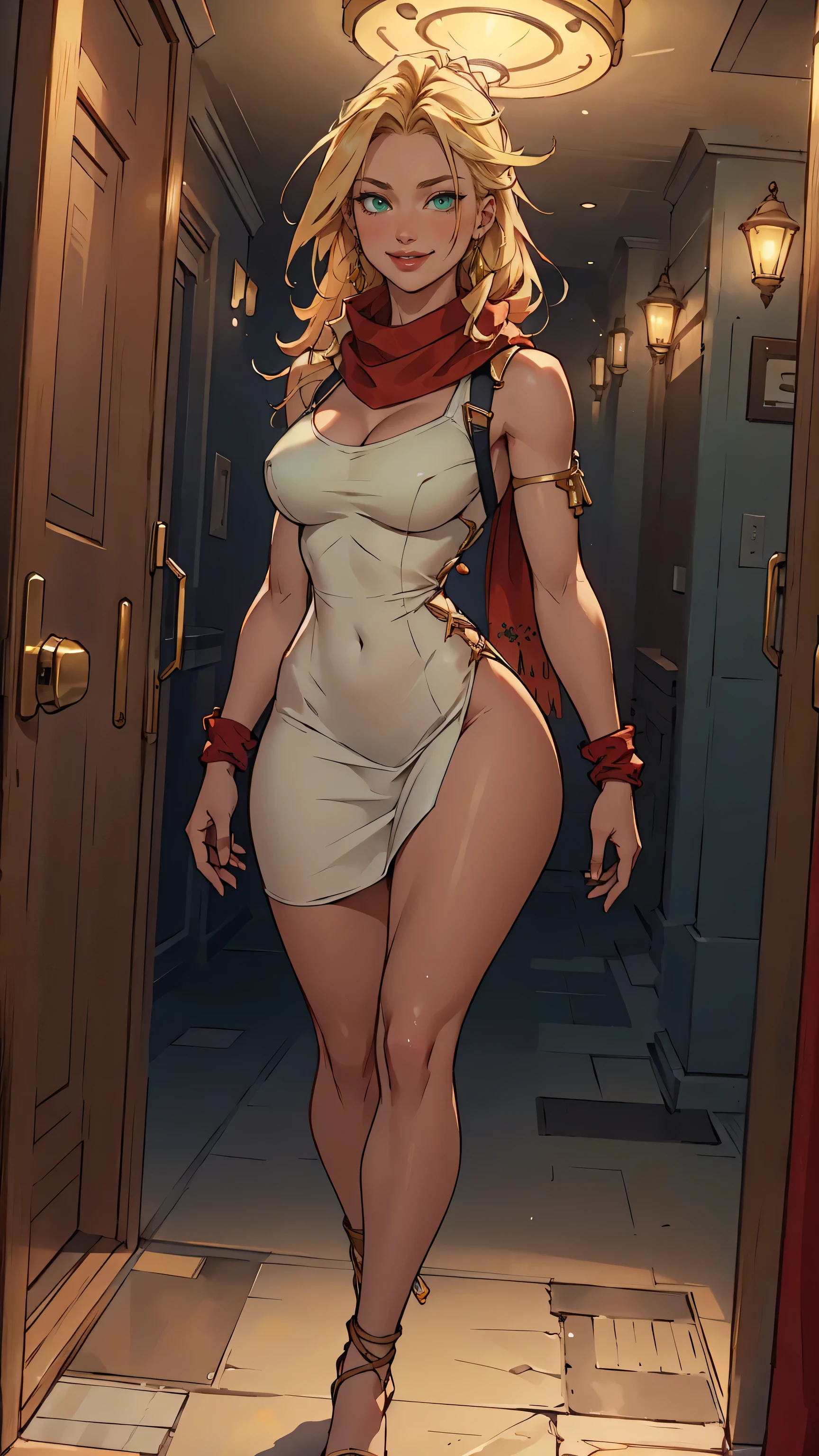 a beautiful Rikku from final fantasy X-2, blonde hair, erotic dress ,realistic, detailed portrait, beautiful young woman, detailed facial features, bright green eyes, warm smile, confident expression, long blonde hair, red scarf, detailed clothing, detailed background, photorealistic, 8K, cinematic lighting, highly detailed, intricate, realistic, masterpiece, full body, mall background , walking, Front view