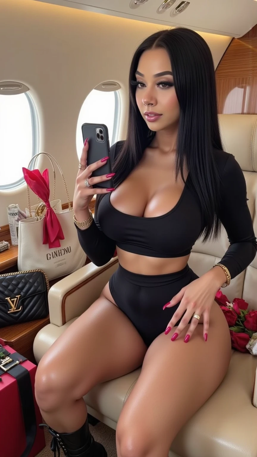 1 woman wearing ((air hostess costume)) sitting in plane on seat, ((full body, happy)), masterpiece, best quality, ultra-detailed, smoke, shadows, contrast, style, (warm hue, warm tone: 1.2), close-up, cinematic light, side lighting, ultra high resolution, best shadow, RAW, upper body, seductive look, (soft medium breasts:1.2), 4k, open neckline, sexy, ((sexy body)), different poses