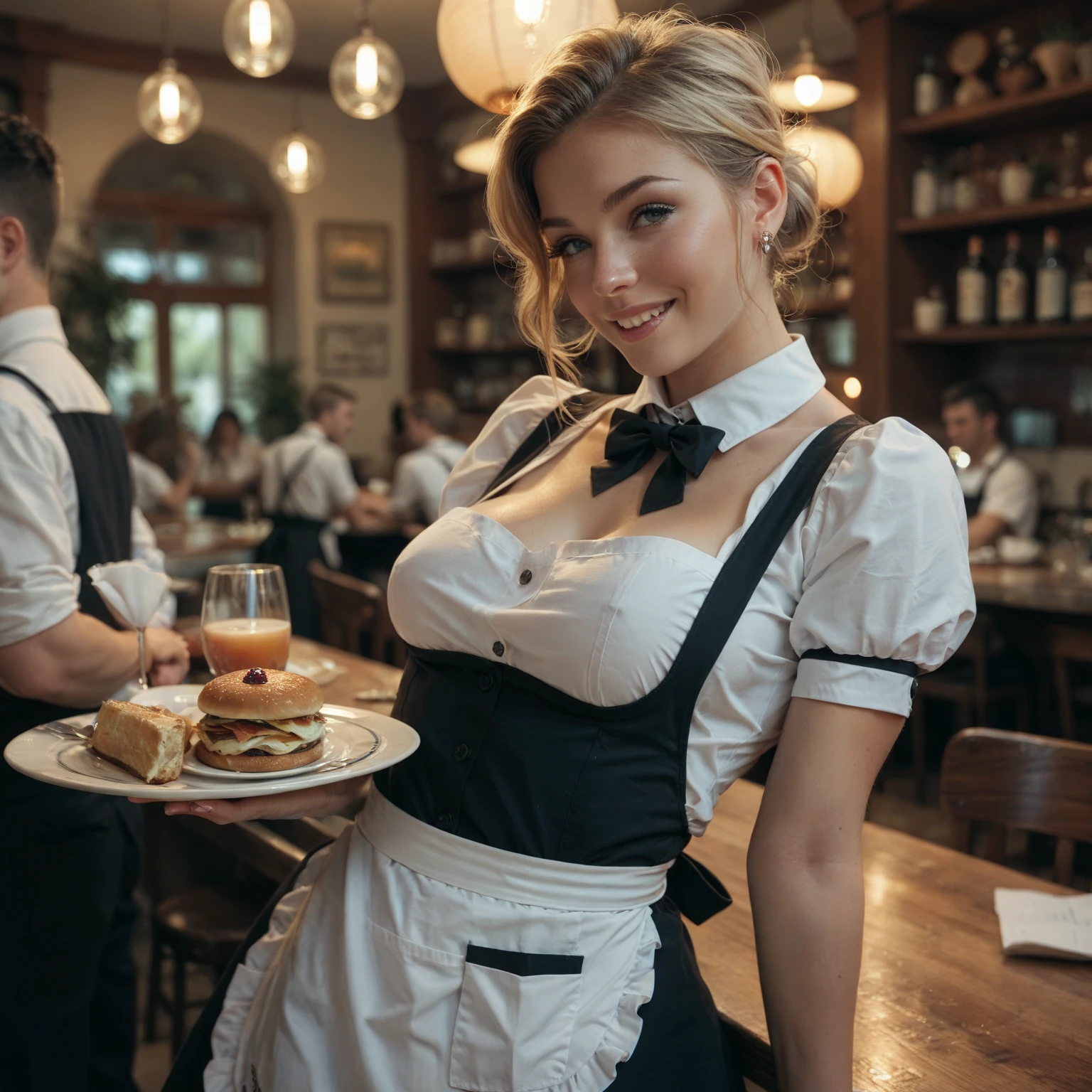short blonde haire. She has an hourglass figure, massive breasts. ,Wide hips (implants), Prominent buttocks (implants). She's fully clothed, not naked or topless.
Tasting event, the air scented with the aromas of artisan cheeses, visitors move between the stands with curiosity.
Woman at the center of attention, holding an elegant tray filled with a variety of cheeses: creamy brie, mature cheddar, and tangy blue, presented with care.
Original, sexy outfit: a black lace top with a hint of skin, paired with a short, fitted leather skirt that highlights her curves, and sheer tights with delicate patterns
Stiletto heels lift her silhouette, adding a touch of glamour to her look, while a colorful scarf in her hair adds a fresh touch
With an engaging smile, she invites visitors to taste her cheeses, passionately explaining the flavors and perfect pairings with wine or fruit.
A convivial atmosphere, she juggles compliments and laughter, captivating her audience with anecdotes about cheese-making, while creating a warm, festive atmosphere.
A moment of sharing, she embodies both elegance and sensuality, making this cheese tasting memorable for all.