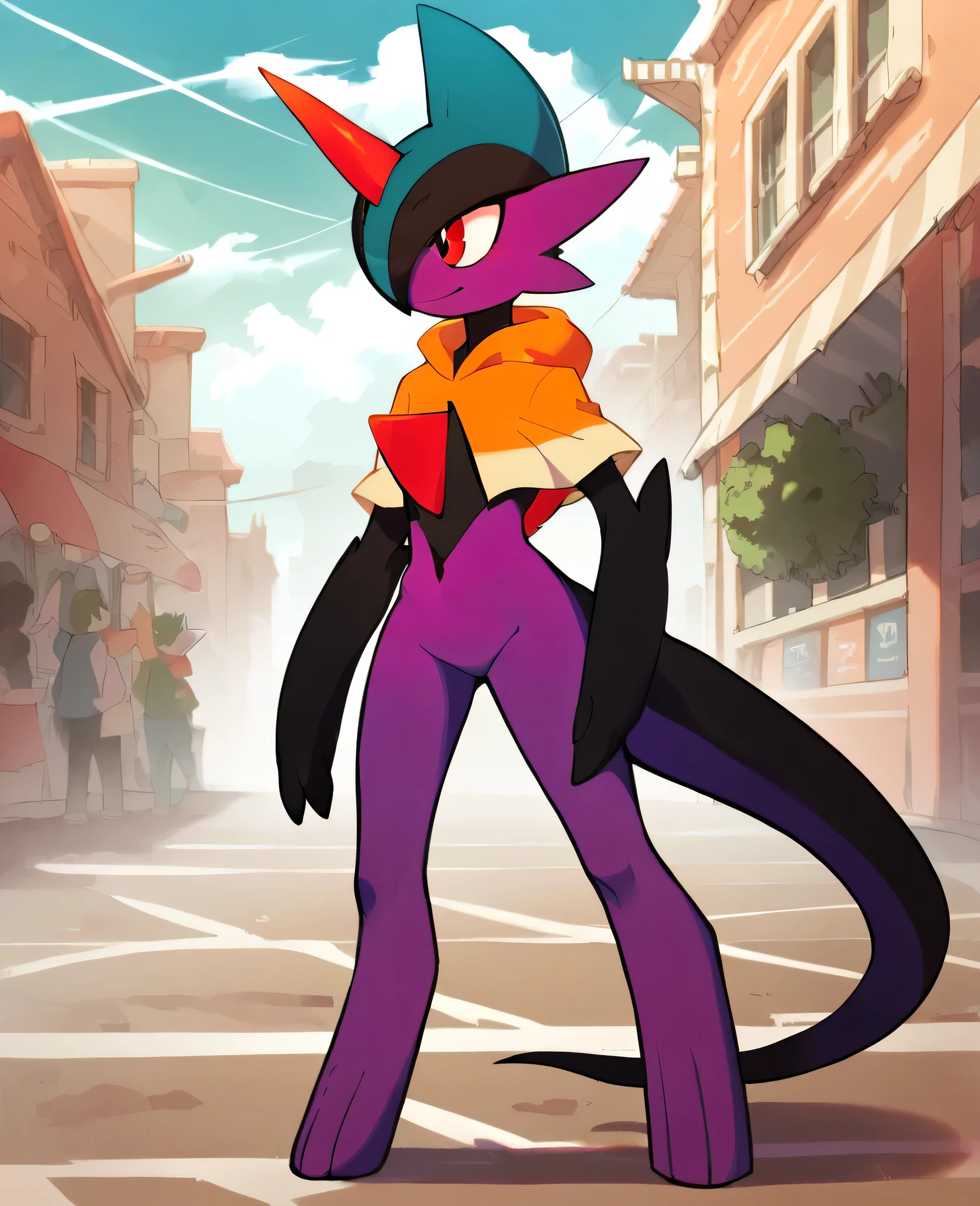 Best quality, rental, highly detailed, score_7_up, score_8_up, score_9_up, gallade, a girl, female, solitary, wild, black eyes, dark blue pupil, black hair, black body, purple body, Pokémon (creature), golden unicorn horns, anthropomorphic, dinosaur tail, standing, orange capelet, city background, full body, smile