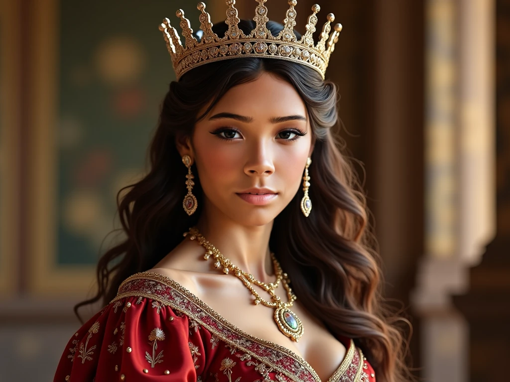 Beautiful busty hourglass bombshell 20 year old ancient Babylonian princess with Unproportionally colossal huge fake breasts with extremely provocative cleavage wearing her royal attire