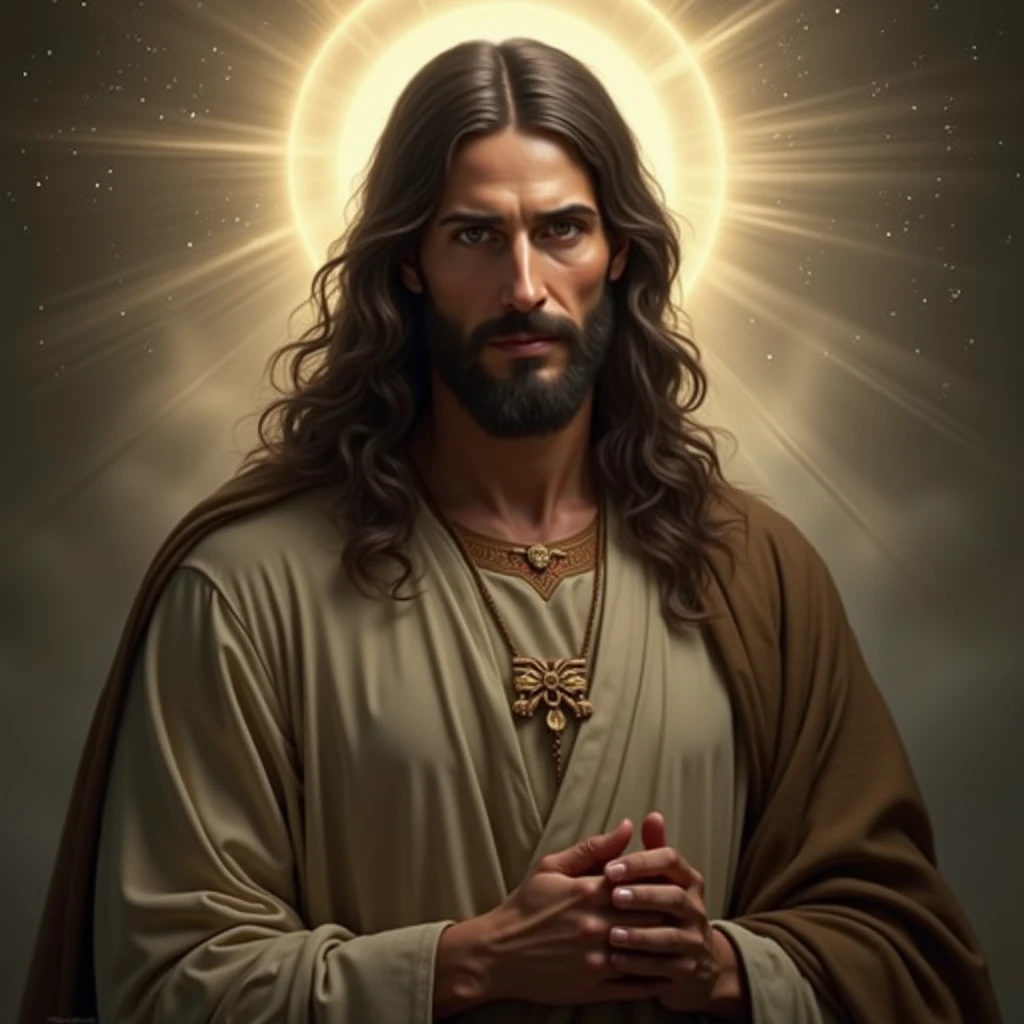 imagem de Jesus Cristo (nas nuvenan, macho, Macho, cabelos castanhos longos, cabelos longos ondulados, barba marrom longa, olhos perfeitos, olhos abertos, olhar sereno, ansioso olhando para o espectador, grandes asas de anjo , holding a rosary in hands, Wearing a white robe in the skies, aura de luz ao redor, Ansioso, Blessing the People on Earth, Foco frontal, 8k