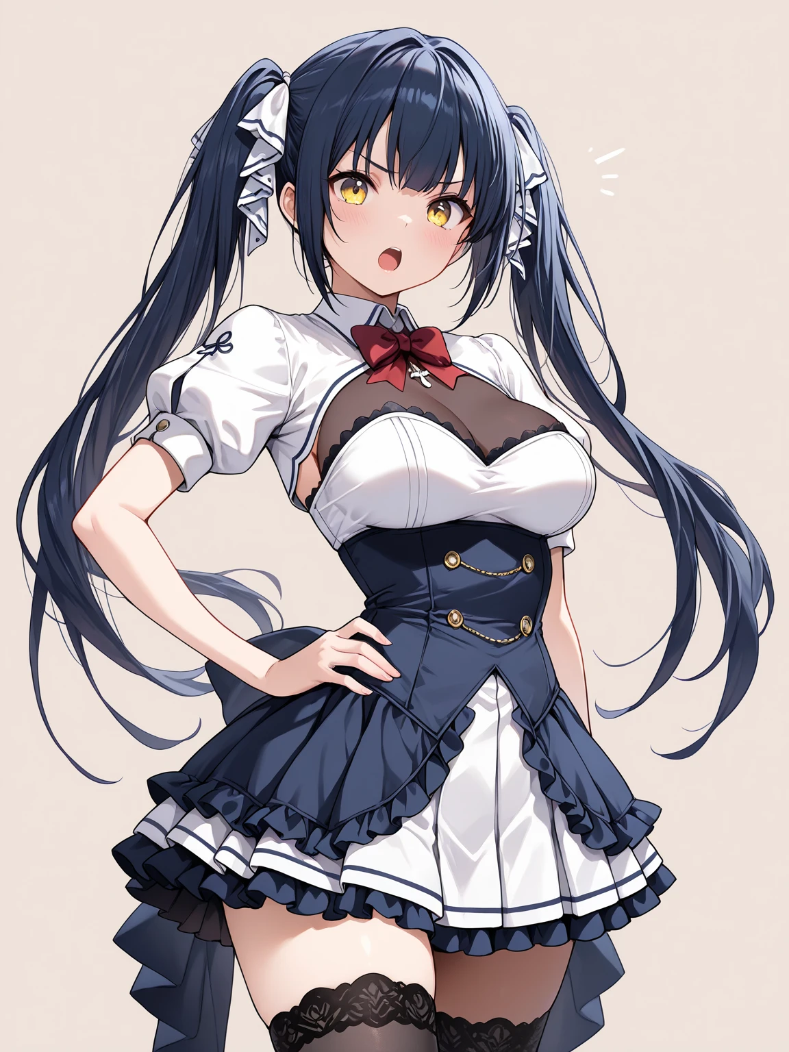 masterpiece, best image quality, ultra high resolution, (loli girl with very small breasts), twin tail hairstyle, black hair, red face, shyly, mock, Open your mouth just a little, (A short-sleeved white nurse uniform that shows the cleavage of a loli girl), (white thigh high socks for loli girls), well-shaped lower body, nurse cap, Inside the hospital