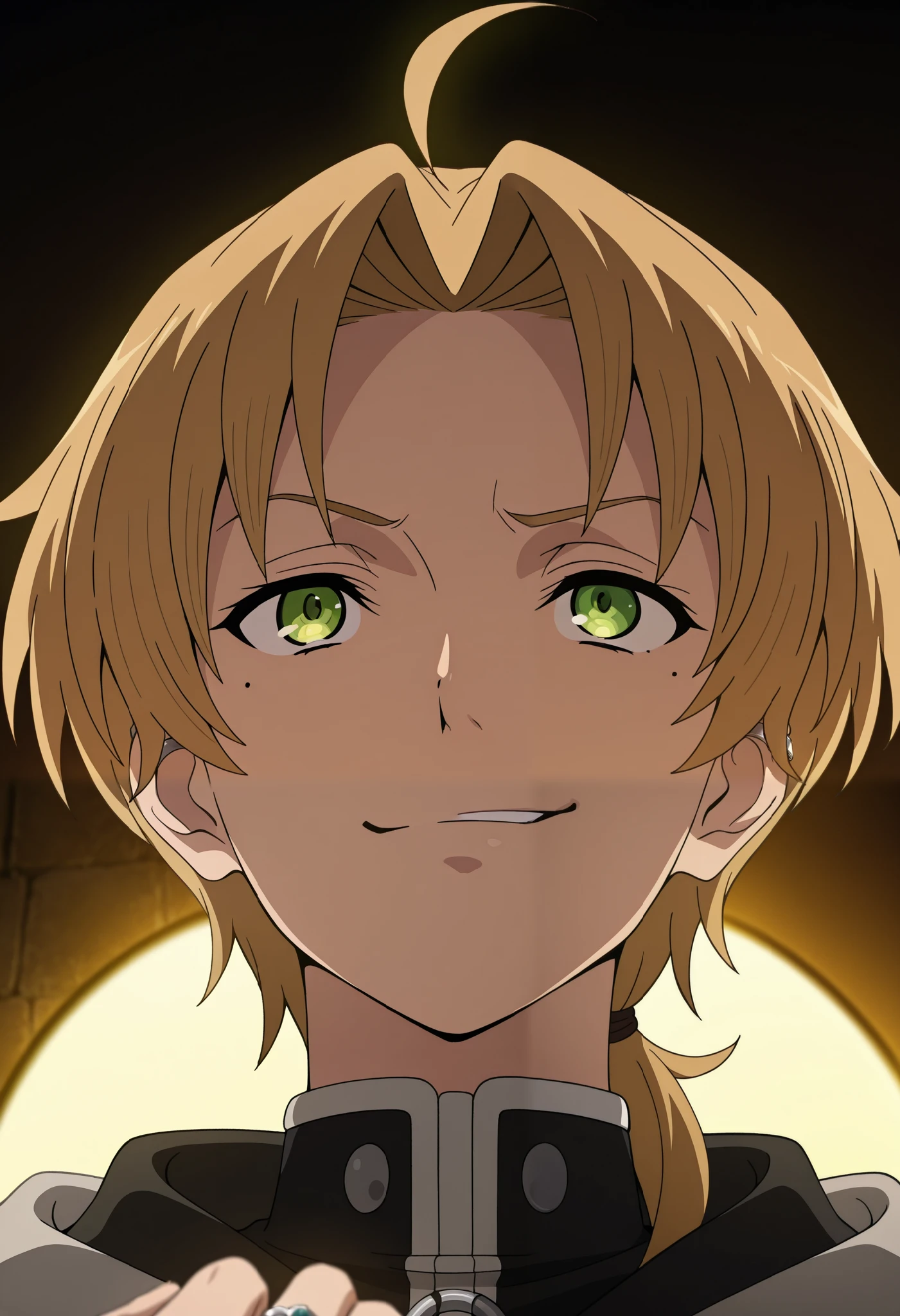 masterpiece, best quality, , anime screencap, anime coloring, official style, , 1boy, solo, male focus, rudeus_greyrat, blonde hair, green eyes, short hair, bangs, parted bangs, ahoge, mole under eye, low ponytail, (((ring of light))), from below, looking up, ((dramatic light)), ((smirk)), (((close up))), light from below, ((rembrandt lighting))