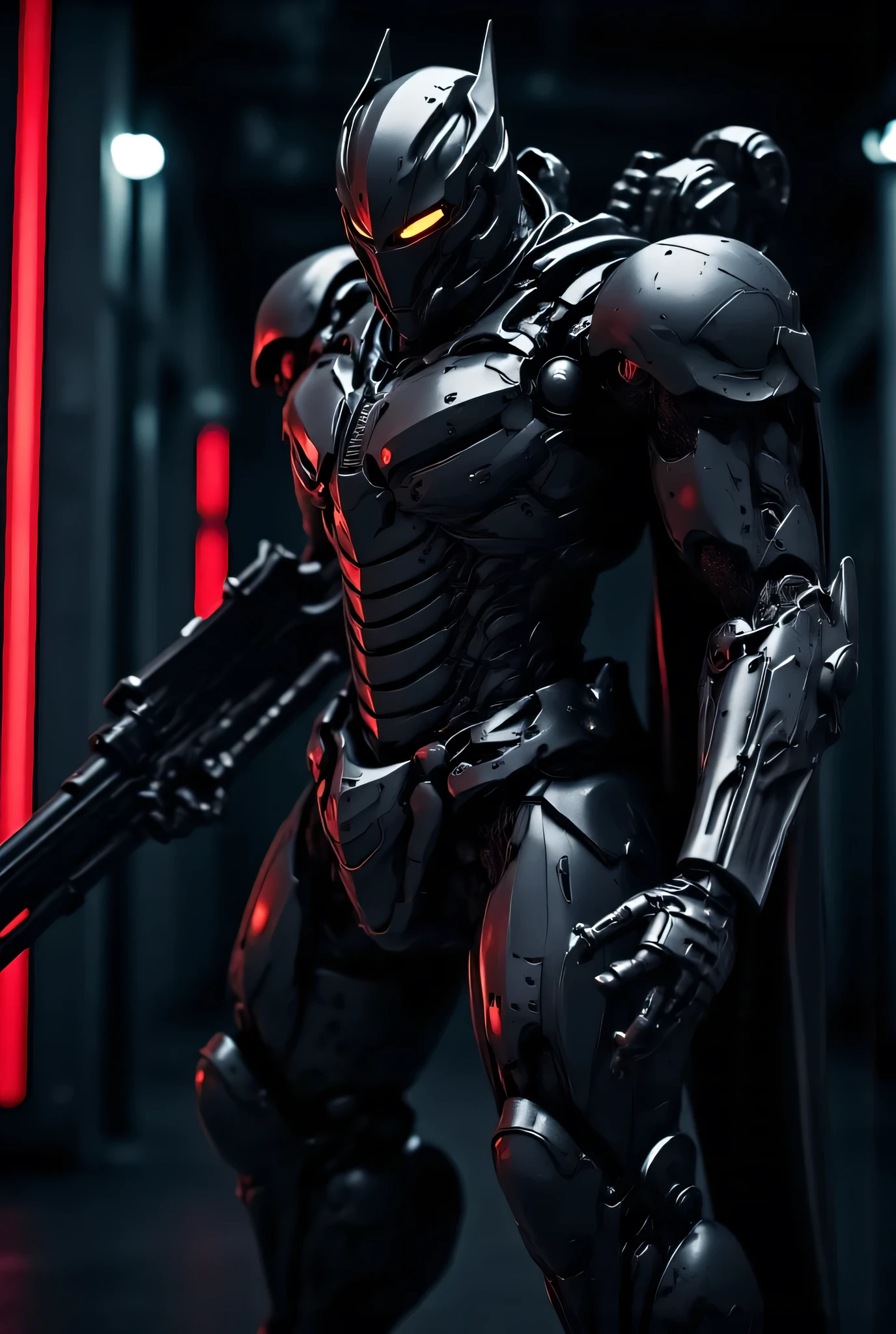 8k UHD-video, Create the perfect Heavy Metal logo and use the right font for the Heavy Metal text, Create a Heavy Metal magazine cover with: armored soldier, carrying a powerful and detailed assault rifle, His helmet , covering his face , eyes glow with a yellow, , , highly detailed photographic art, neon lights, dark sky,Enhanced All