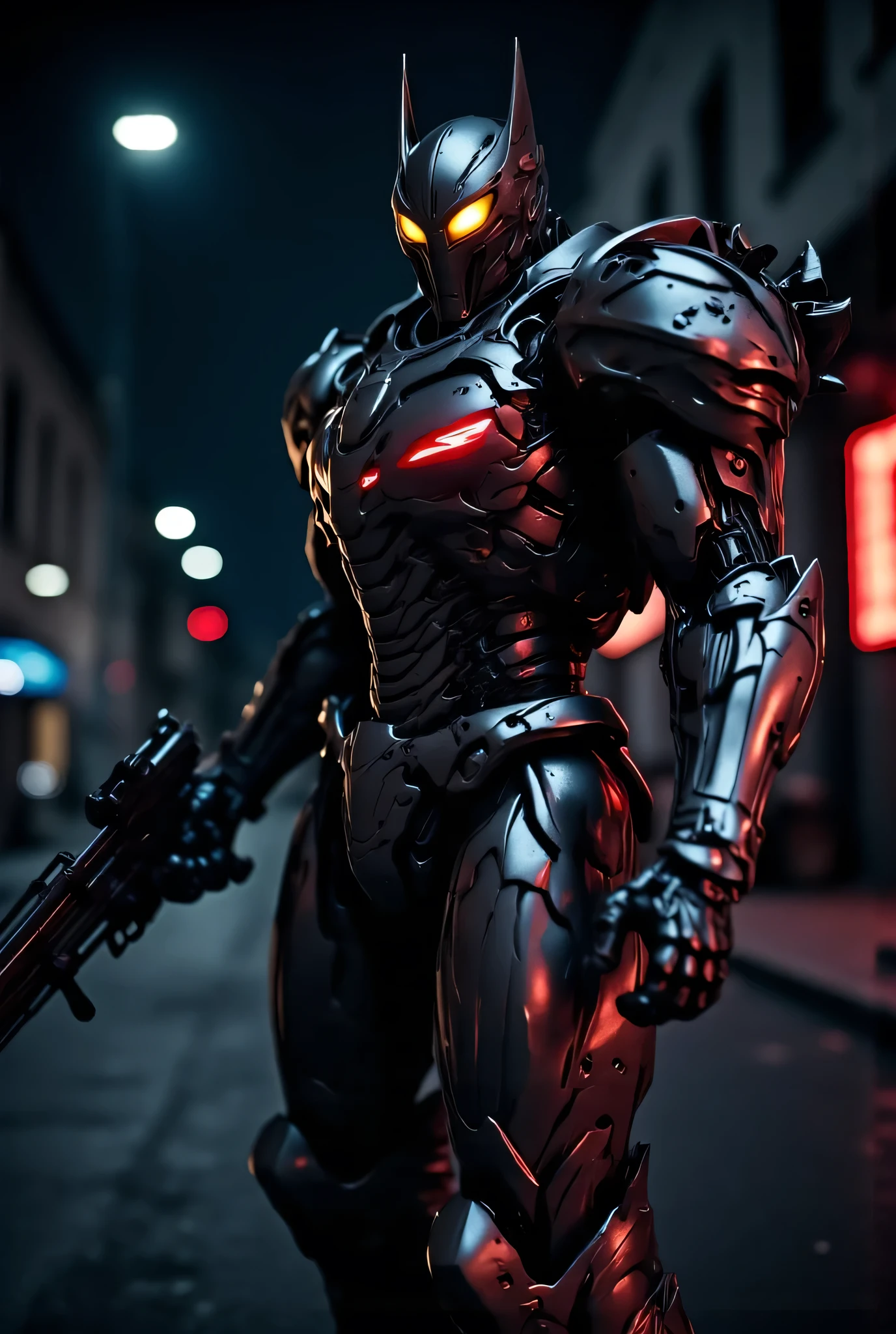 8k UHD-video, Create the perfect Heavy Metal logo and use the right font for the Heavy Metal text, Create a Heavy Metal magazine cover with: armored soldier, carrying a powerful and detailed assault rifle, His helmet , covering his face , eyes glow with a yellow, , , highly detailed photographic art, neon lights, dark sky,Enhanced All