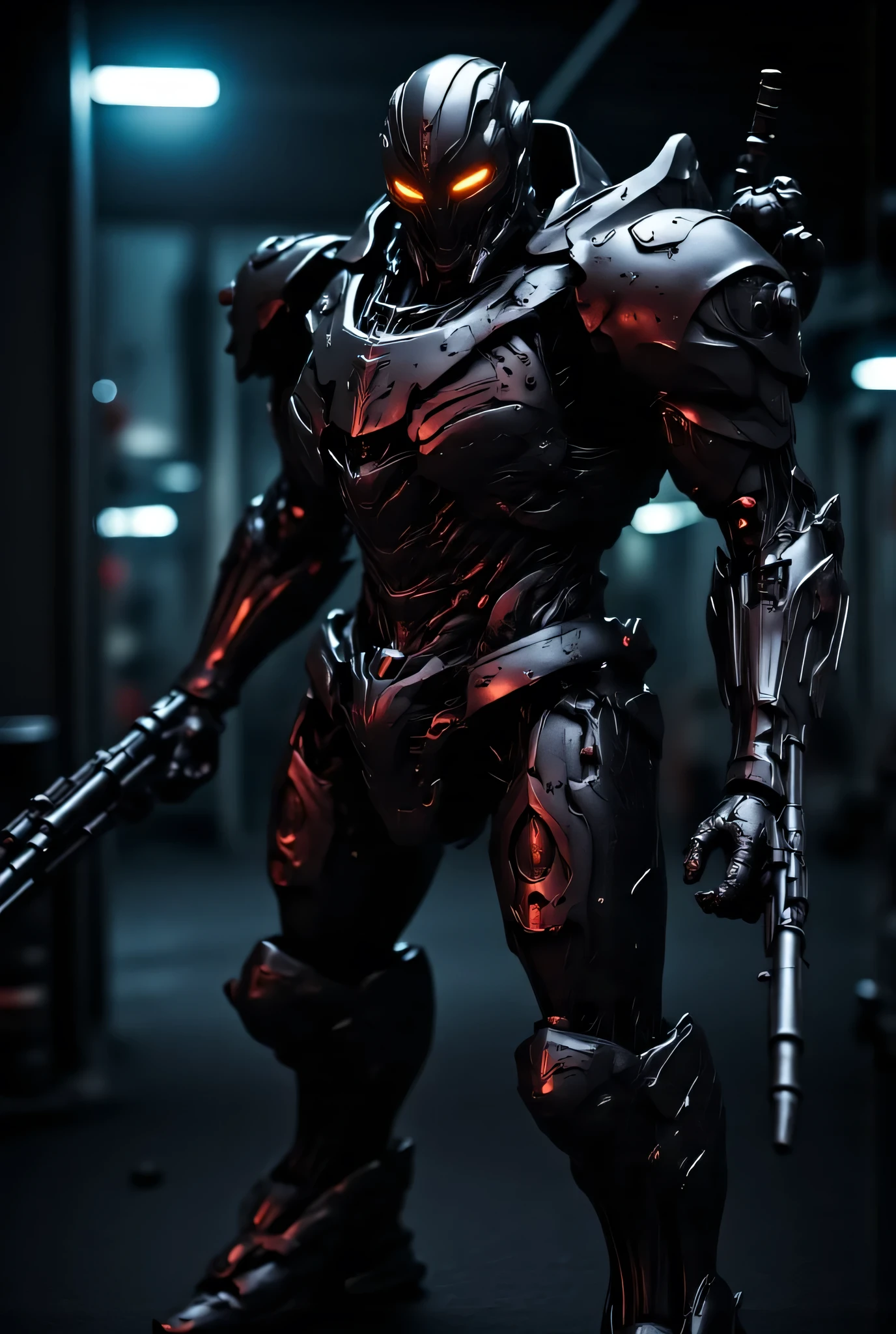 8k UHD-video, Create the perfect Heavy Metal logo and use the right font for the Heavy Metal text, Create a Heavy Metal magazine cover with: armored soldier, carrying a powerful and detailed assault rifle, His helmet , covering his face , eyes glow with a yellow, , , highly detailed photographic art, neon lights, dark sky,Enhanced All