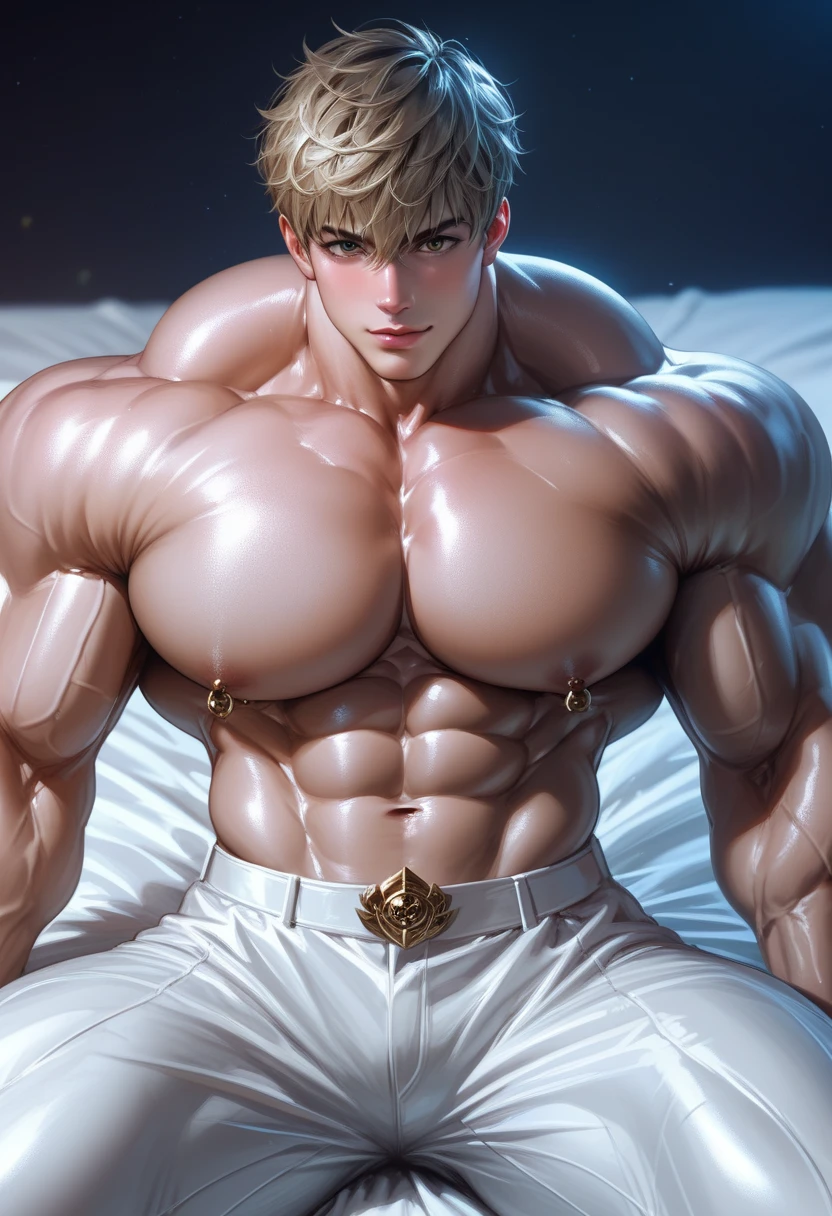 (highest quality:1.5), (masterpiece:1.5), solo, (luxury hotel bedroom:1.2), (night:1.1), shaved sides, blonde, hot guy, (American:1.2), (macho:1.3), (huge body:1.5), 36 years old, (Completely naked:1.5), (expression of agony:1.2), mouth open, crawl on all fours, (shoot from below:1.3)