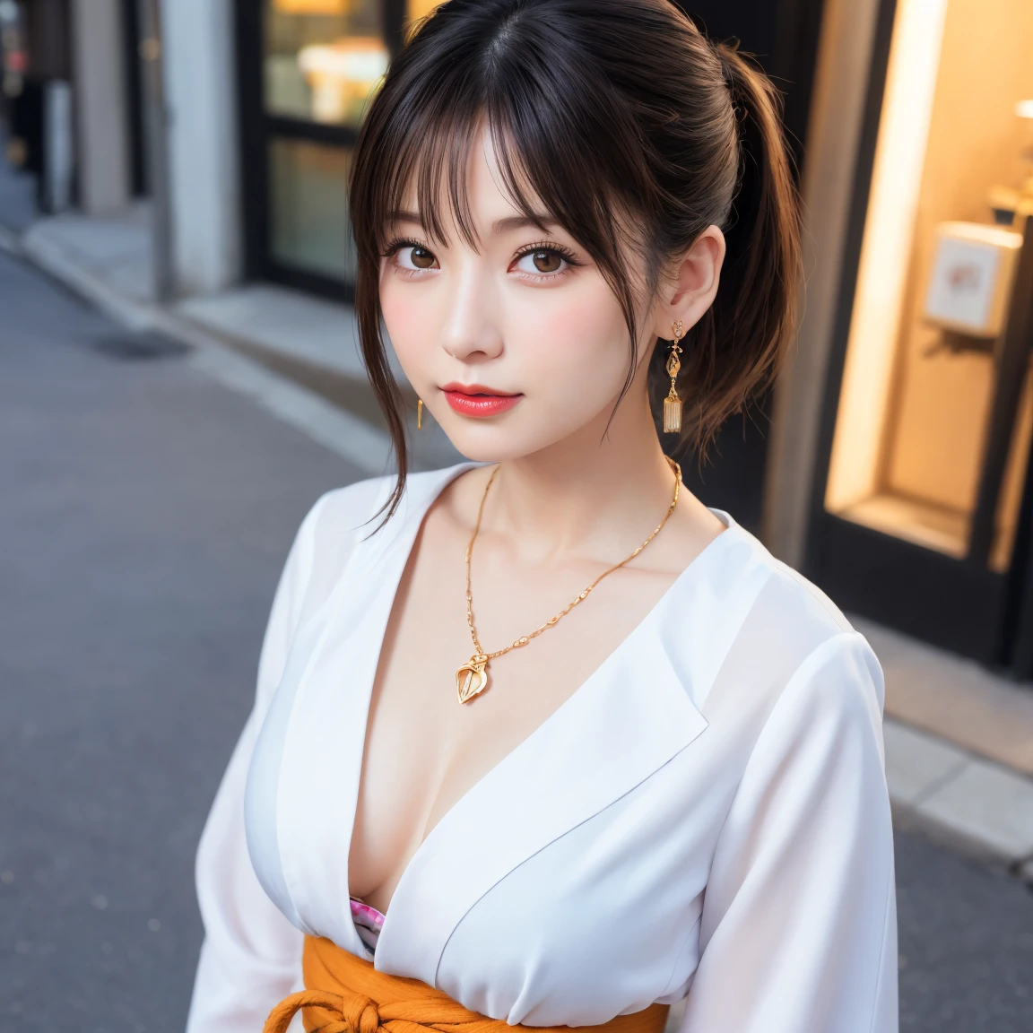 (Highest quality: 1.3), (Very detailed: 1.3)、High resolution、8k wallpaper、Perfect dynamic composition,、 (masterpiece: 1.3),
Beautiful Eyes、Natural color lip、 ((Japanese Idols))、very cute、20-year-old、
Semi Body Shot、(street)、