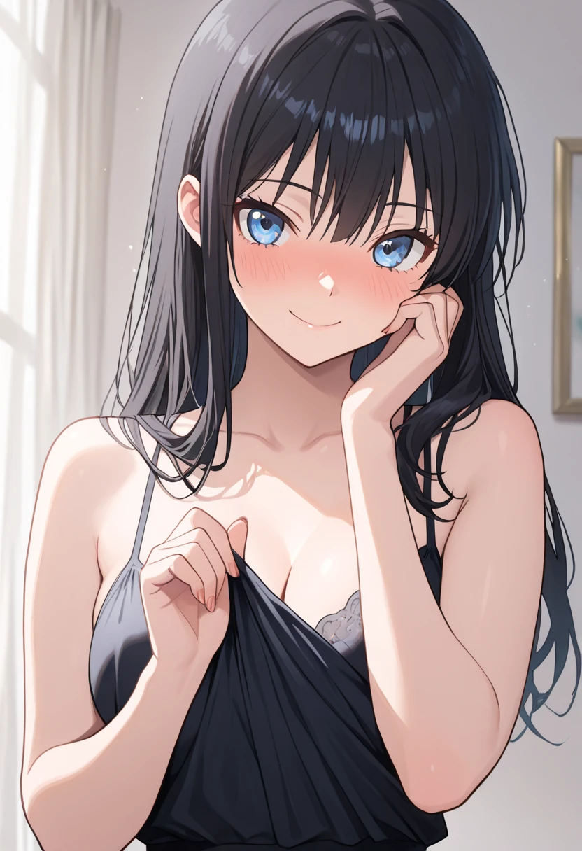 Normal chest、masterpiece、8K wallpapers incorporating highly detailed CG、Two Girls、13 years old、Baby Face、beautiful、Genuine、Blurred、Blurred_background、Blurred_、nose、Realistic、Black hair close to blue、alone、white one piece dress、Hide your fingers、Hide your arms、just wear a bra、（I know the shape of the nipples）、whole body、Long Hair、Straight bangs、