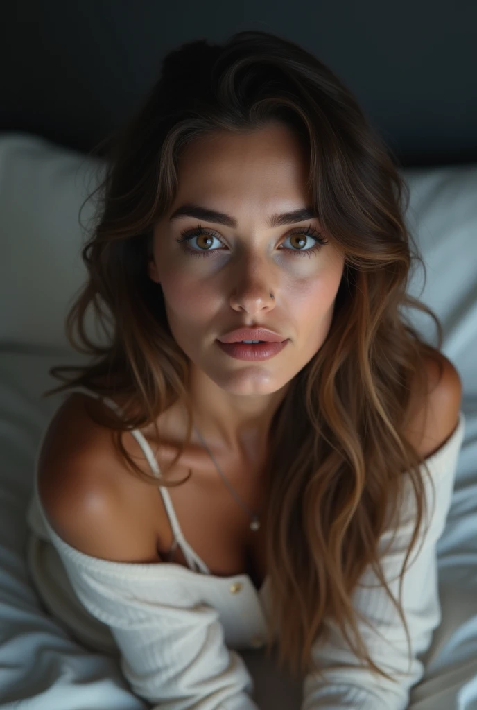 arafed femme pleinement , fille sexy aux yeux marrons, Ultra réaliste, minutieusement détaillé, Portrait Sophie Mudd, cheveux bruns et grands yeux, selfie d'une jeune femme, yeux de la chambre, violette myers, sans maquillage, maquillage naturel, regarder directement la caméra, visage avec artgram, maquillage subtil, superbe photo de tout le corps à genoux sur le lit, dans la chambre, buste de taille moyenne à grande