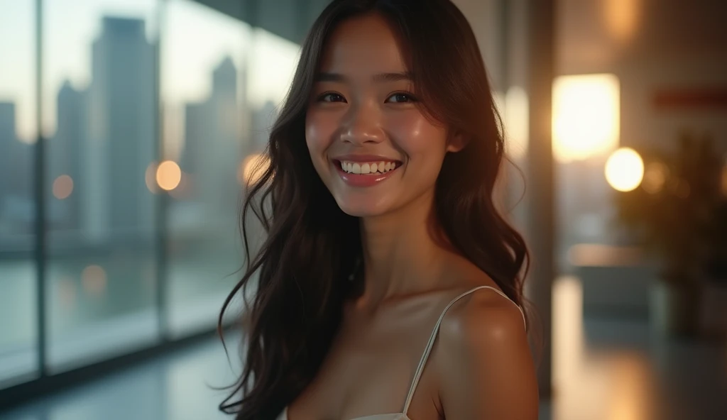 Perfect proportions,French and Asian mix,Brown Hair,Gaze and smile like looking at a boyfriend,Date situation,Outfit suitable for a date,Beautiful woman with a well-formed face,Basking in gentle light,Bokeh background,Smiling 20 years old,4K quality,Sitting opposite at a restaurant