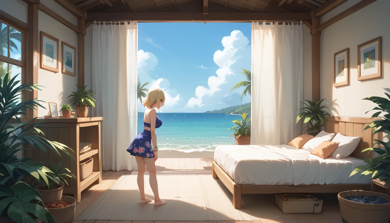 The back view of a cute blonde girl standing naked in front of the ocean seen through a large window in a luxury hotel, spreading a towel on both sides with both hands, looking open。Summer sunshine。Wide-angle projection。