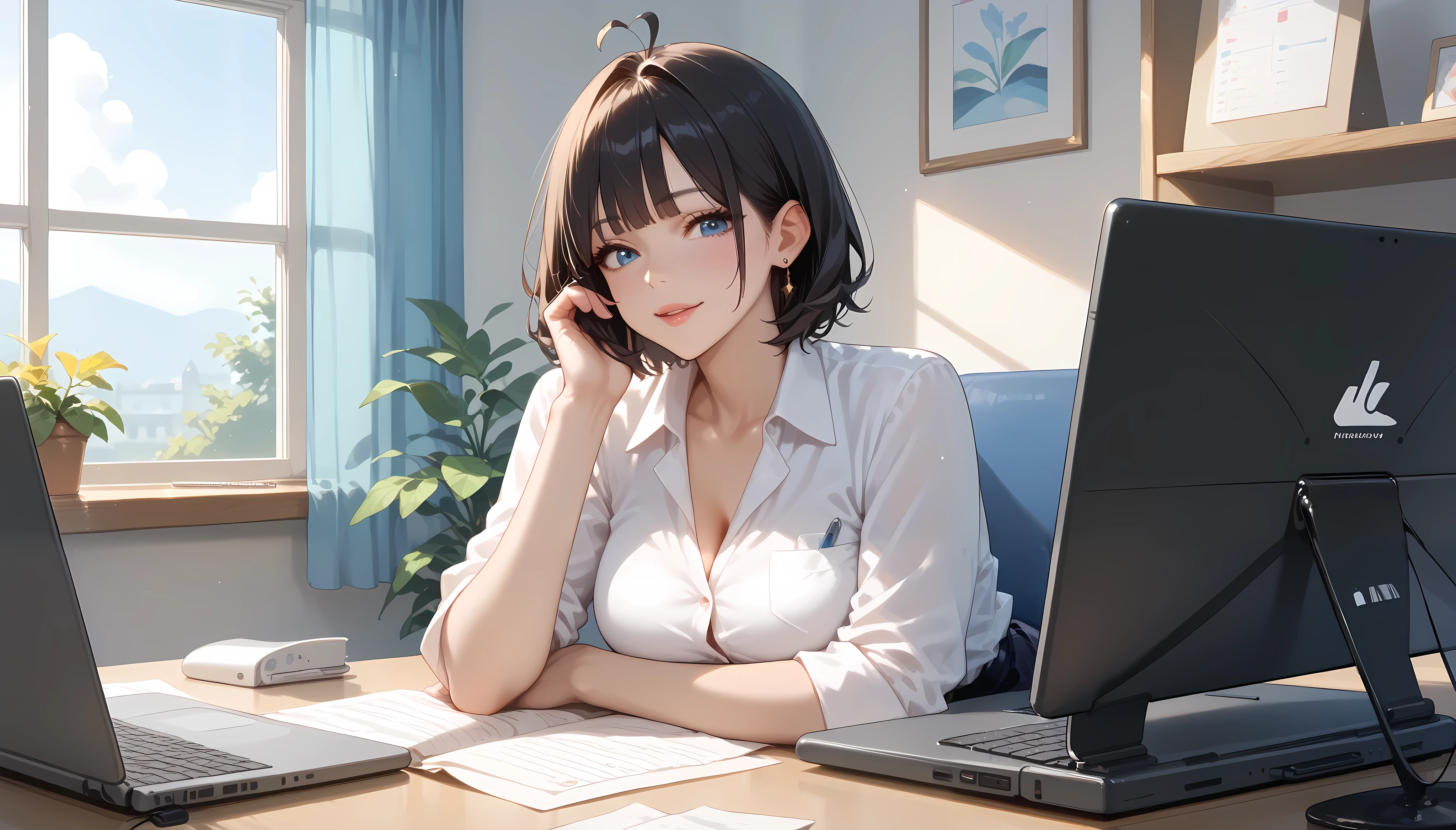 "A beautiful face and nice body, a woman sitting at a minimalist modern desk, typing on her laptop." She is dressed in a professional outfit, with a notebook and a pen beside her. The large window behind her lets in natural light, illuminating the clean and organized workspace.
