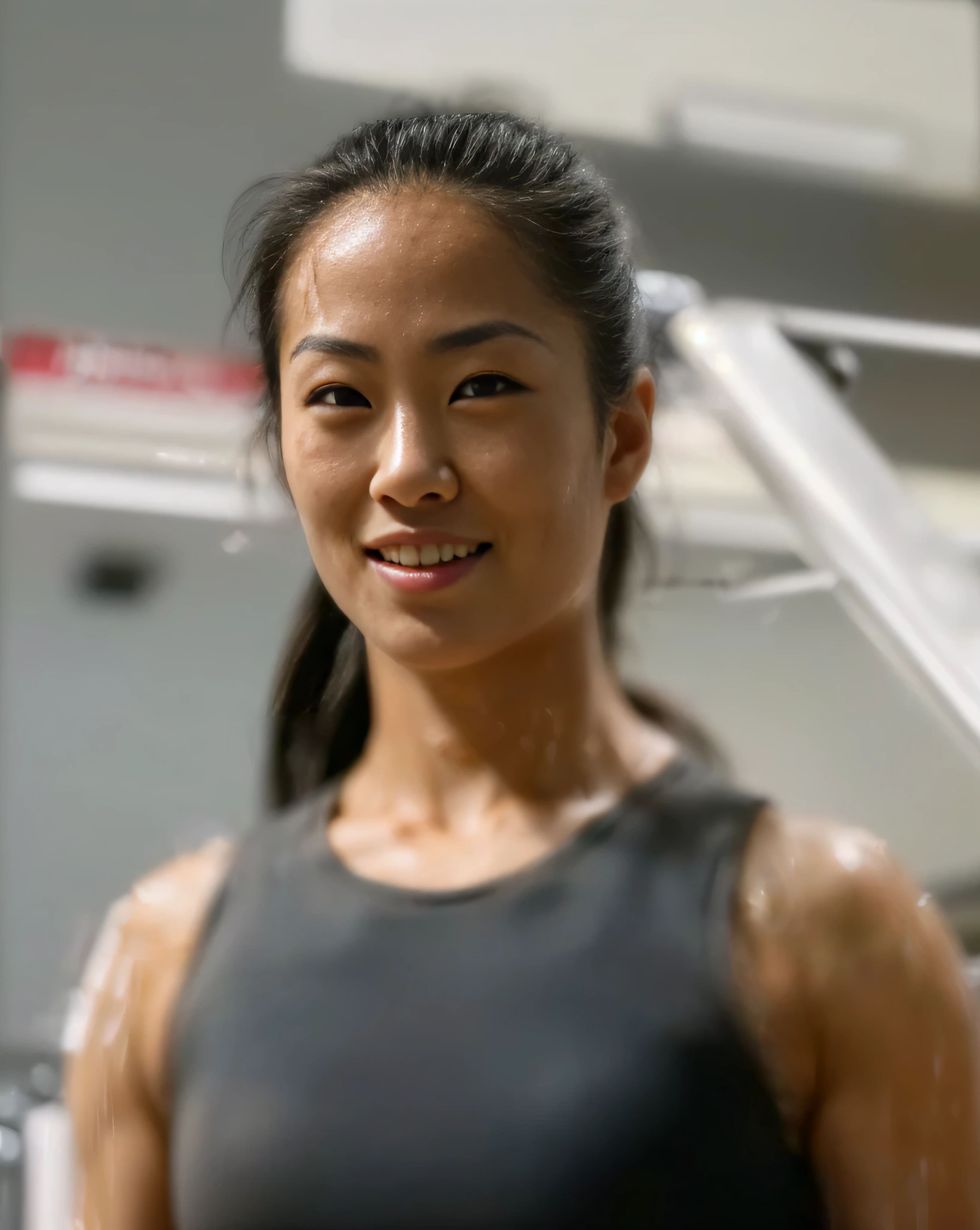 Asian girl in a grey top, in a gym, muscled Chinese girl ((LONG ASIAN FACE)), She is looking to the side smiling ((detailed perfect teeth)), waist - shot, middle shot waist up, Pony tail hair ((PERFECT DETAILED FACIAL FEATURES)), WET SHINY SKIN!!, ((PERFECT FOCUS HAIR DETAILS)), captivating and enticing , (Detailed perfect facial details), (((ultra detailed skin, Lifelike, 4k hd, DSLR, lifelike, masterpiece, natural lifelike perfect color, perfect clear lighting, breathtaking lifelike details, perfect anatomy, super detailed skin, beautiful face ultra-detailed hyper detailed face、Detailed lips、A detailed eyes, (realistic, photorealistic, photo-realistic:1.37) (Realistic), (RAW Photography), ((best quality)), (Detailed perfect facial details), ((((hyper real photo, hyperrealistic, hyperrealistic picture)) , perfect anatomy, super detailed skin, (((ultra detailed skin, Lifelike, 4k hd, DSLR, lifelike, masterpiece, natural lifelike perfect color, perfect clear lighting, breathtaking lifelike details