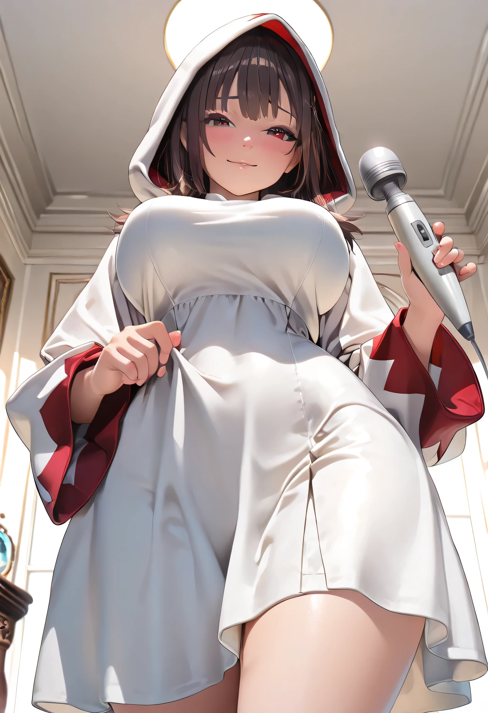 (Masterpiece, best quality , more details, 8k, 4K, hi res, ridiculous :1.3), ( Detailed Textured Lighting , detail surface lighting for viewers ), [ pastel color ] [ Calm Colors ] [ Anime Screen Cap ] [ photorealistic] A 3D character model,perfect proportions, beautiful body,large breasts,wide hips,red eyes, View from below,(naughty look,shy face)/brown hair,semi long,White Mage,saint’s dress,white lobe,hoody,holding hitachi magic wand, 